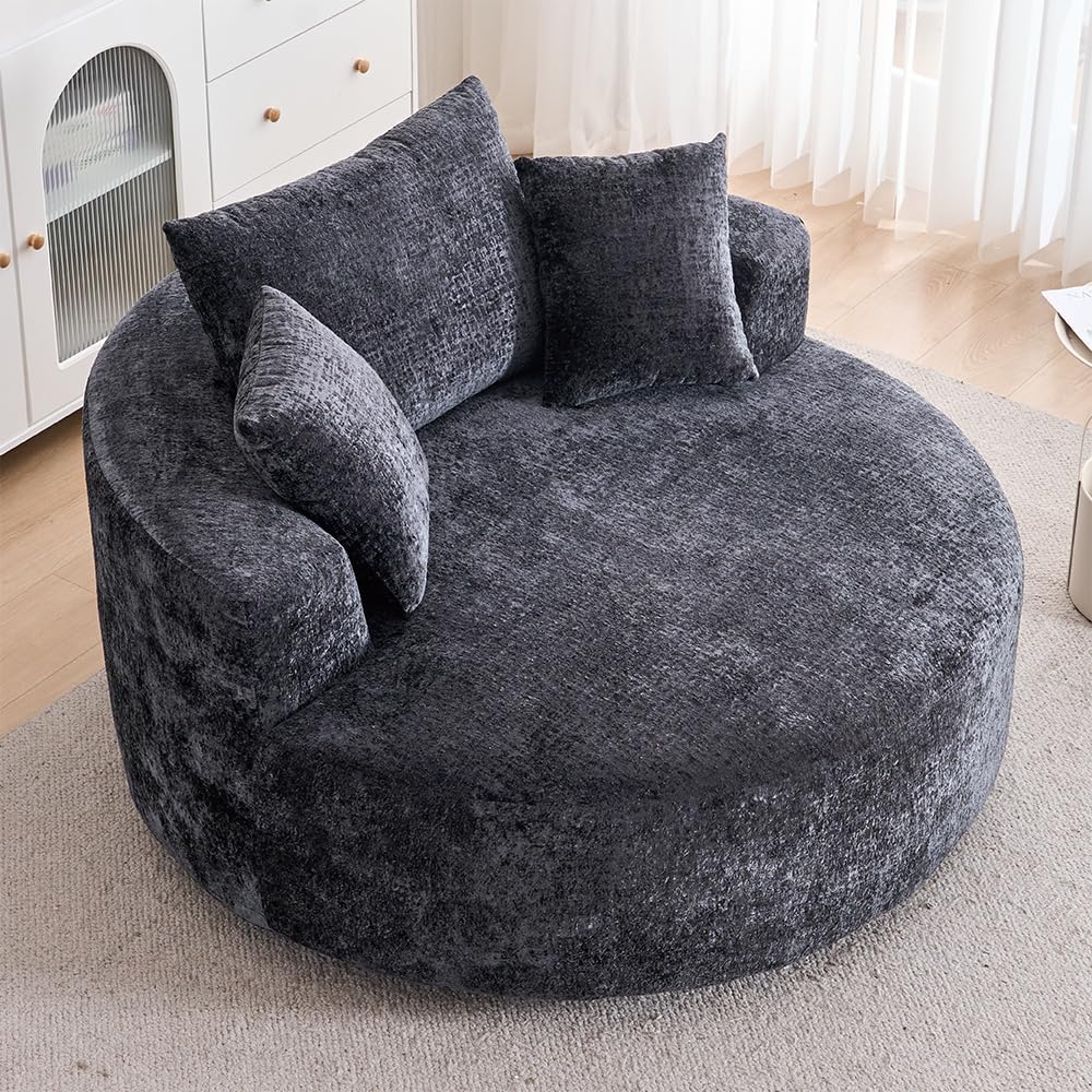 360° Round Swivel Accent Barrel Chair,55" W Oversized Chenille Upholstered Round Lounge Chaise,Modern Comfy Deep Seat Single Sofa Armchair for Living Room,Apartment,Bedroom (Black)