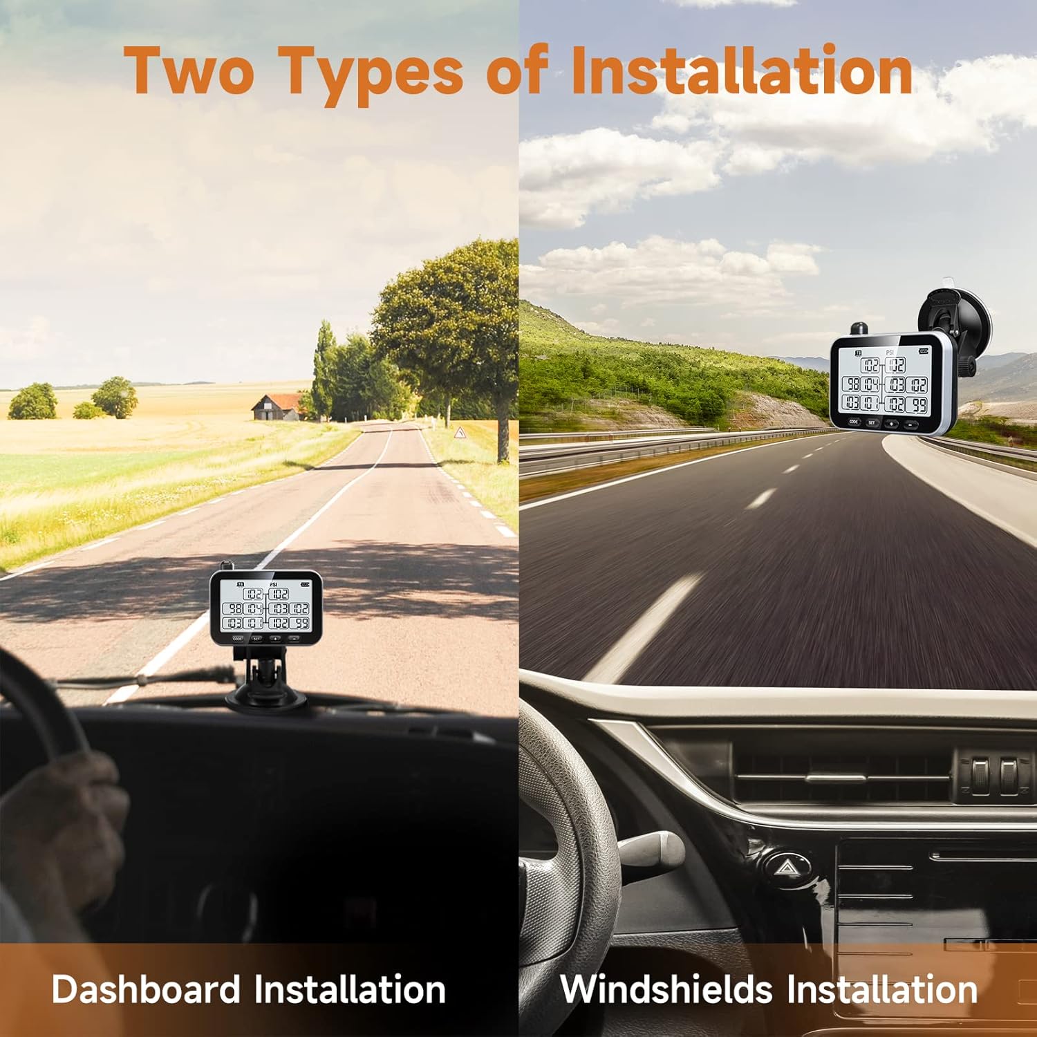 Two installation methods for the TPMS monitor: on the dashboard and on the windshield