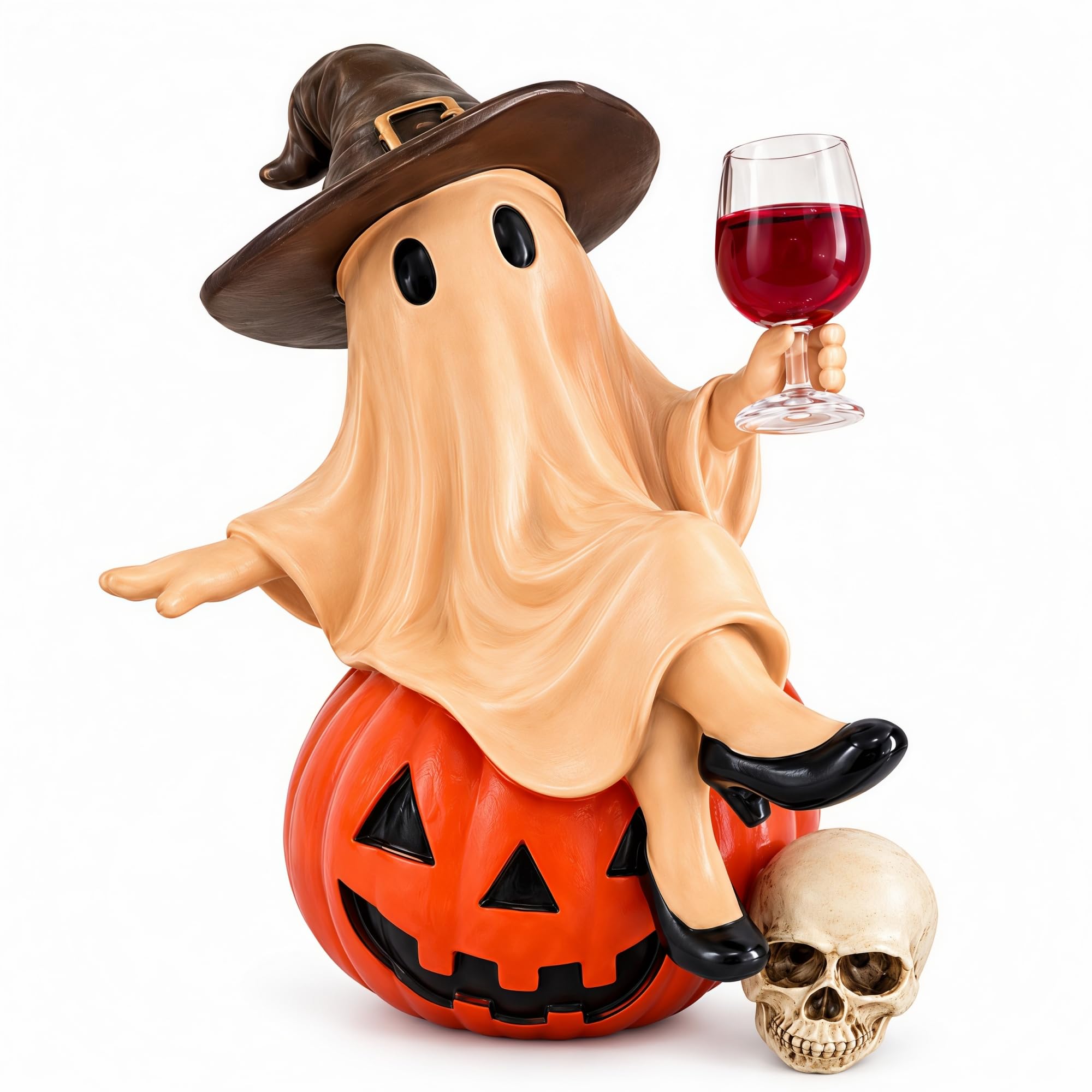 Halloween Ghost Sitting on Pumpkin Figurine with Skull Decor