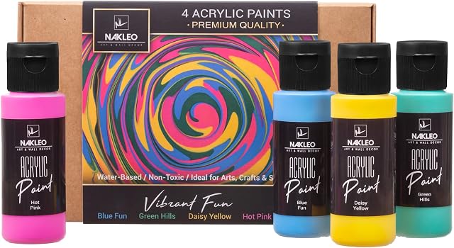 NAKLEO Acrylic Stencil Paints Set - 4 Colors (60ml, 2oz) - Vibrant Fun - Blue Green Yellow Pink - Art Supplies DIY - Non-Toxic Water-Based Matte Wall Wood Canvas Paper Fabric Stone