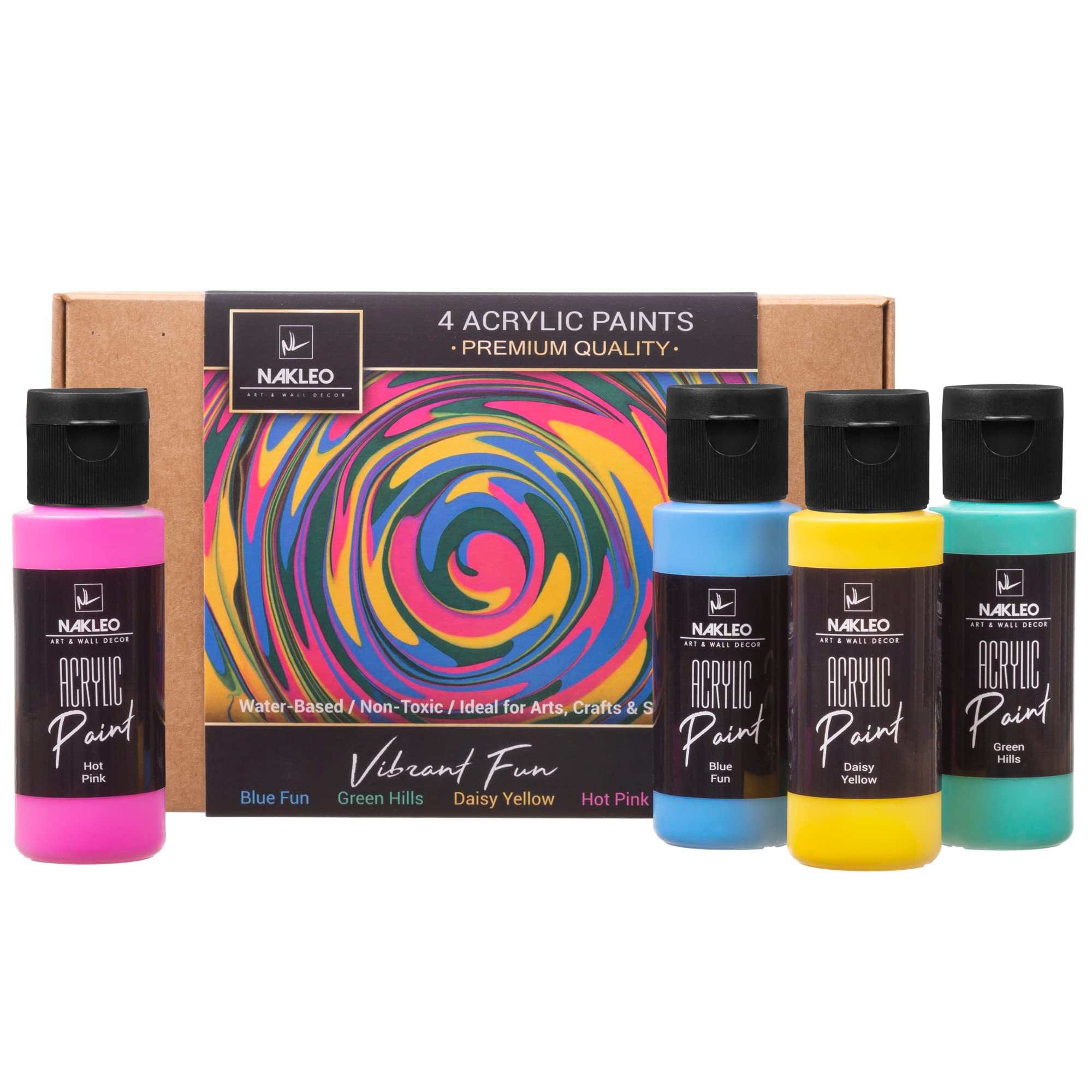 Nakleo Hot Pink, Blue Fun, Daisy Yellow, Green Hills Acrylic Paints Set, 4 Colours (60Ml, 2Oz) Vibrant Fun Blue Green Yellow Pink, Non-Toxic Water-Based Matte, Art And Craft Supplies Diy, Painting Stencils Wall Wood Canvas Paper Fabric Stone