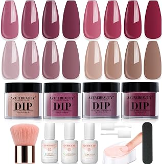 4 Colors Dip Nails Powder Kit, AZUREBEAUTY Fall Winter Brown Purple Dipping Powder Starter Set with Base & Top Coat Activator Recycling Tray for French Nail Art Manicure Salon DIY at Home