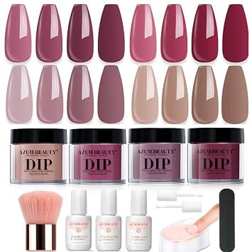 4 Colors Dip Nails Powder Kit, AZUREBEAUTY Fall Winter Brown Purple Dipping Powder Starter Set with Base & Top Coat Activator Recycling Tray for French Nail Art Manicure Salon DIY at Home