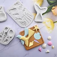 Vista 4 de Sakolla 4 piezas de moldes de silicona para fondant con tema marino, moldes de silicona en forma de cola de sirena, concha marina y estrella de mar