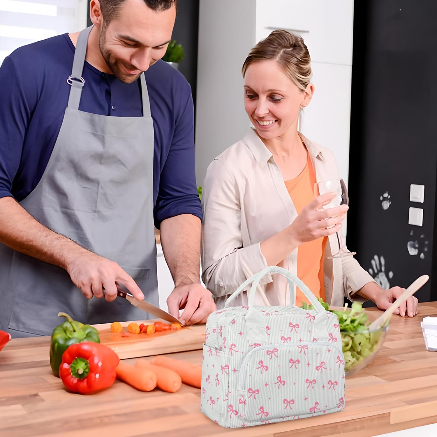peony man Pink Bow Lunch Bag for Women Large Pink Bow Lunch Box Reusable Insulated Bows Lunches Tote Bag with Adjustable Shoulder Straps for Women Adult Work Office Travel Picnic Food Container