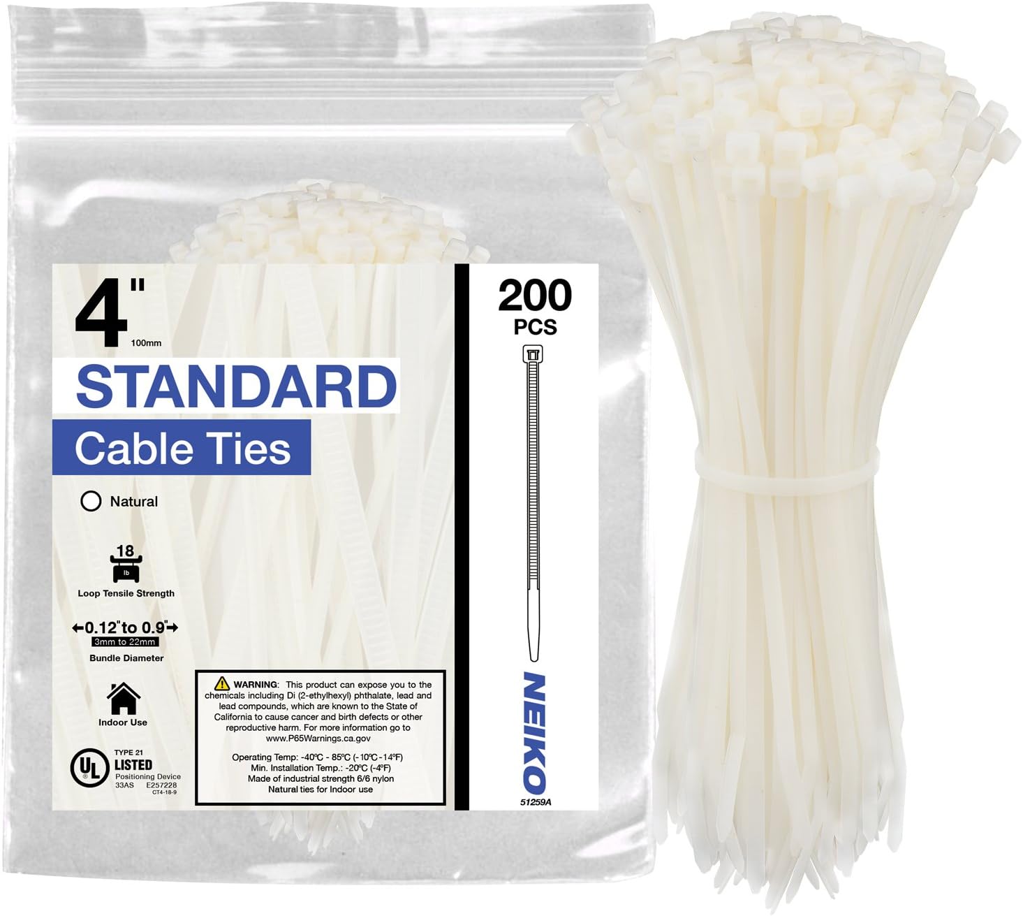 Neiko 51259A Natural White 4-Inch Heavy Duty Cable Zip Ties, 200-Piece | 18 lb Tensile Strength