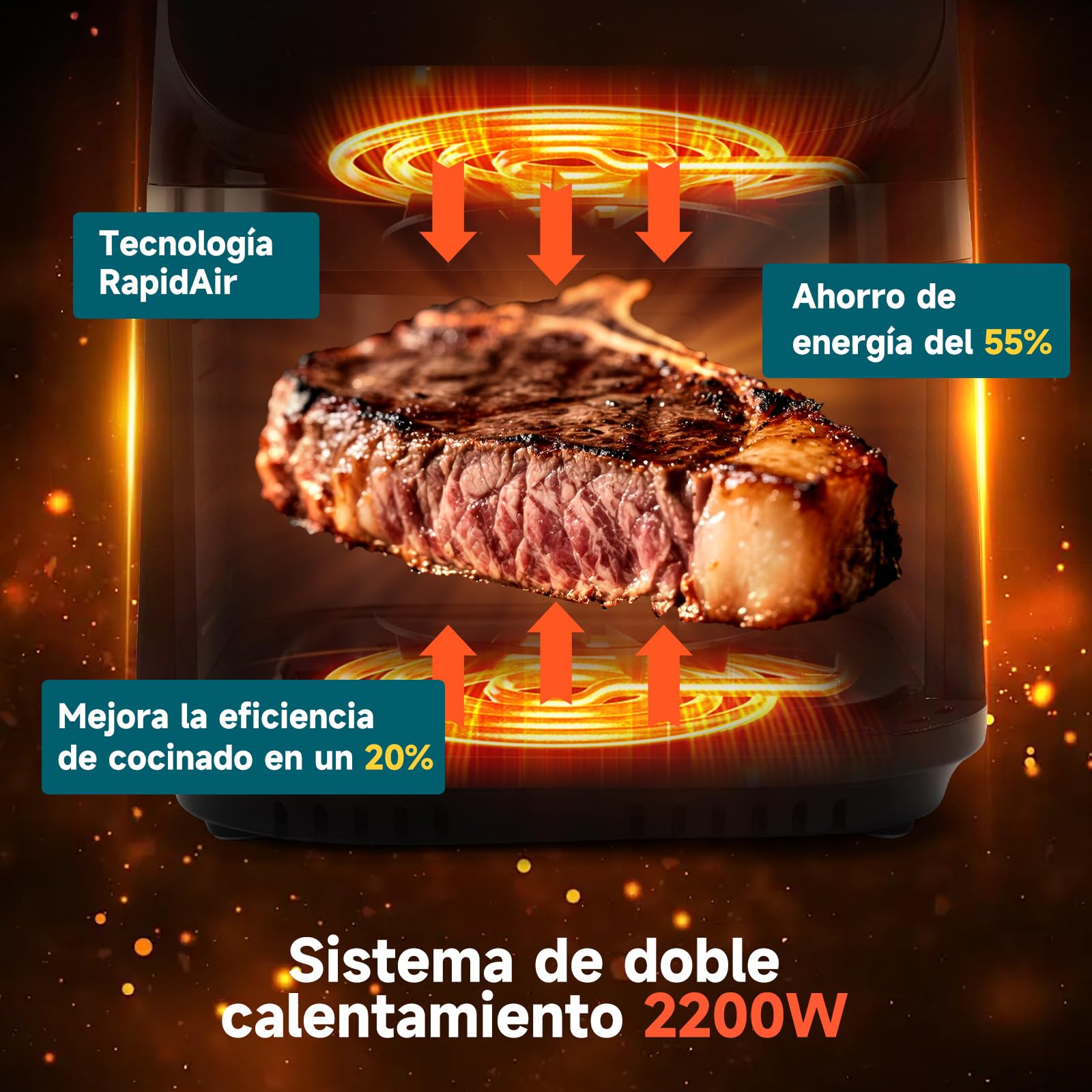 Aigostar Freidora de Aire XXL 8.8L Air Fryer 2200W, Doble Resistencia, 55% Menos Energía, Air Fryer con 13 Programas, Acero Inox Interior, Pantalla Táctil y Ventana, Comunidad Recetas, Negro