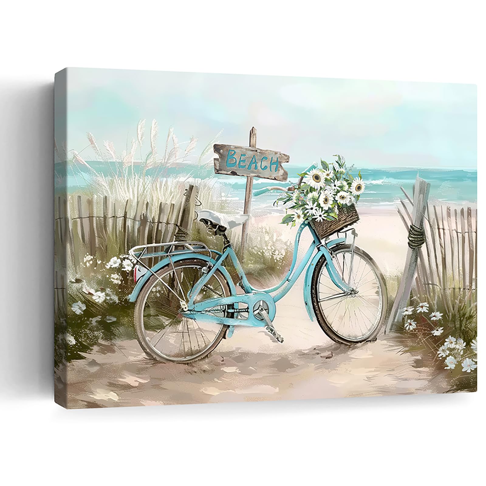 Beach Canvas Wall Art Seaside Pictures Vintage Blue Bicycle Canvas Print Nautical Wall Art for Coastal Home Decor Ocean Landscape Artwork Framed 12x16 inch