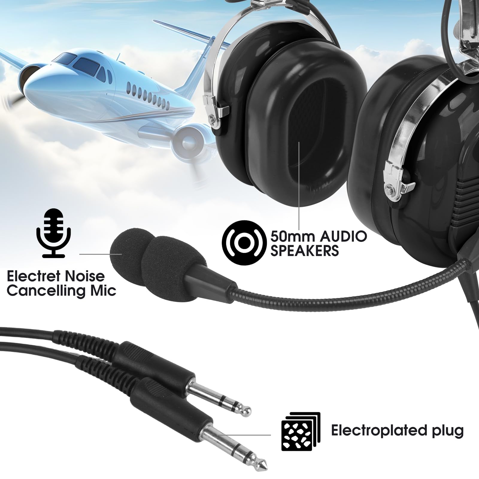 Casque d'aviation GA avec réduction du bruit pour pilotes stagiaires débutants PPL étudiants voyageurs occasionnels aviation entretien équipage au sol amateurs de vol (629-A-Noir)