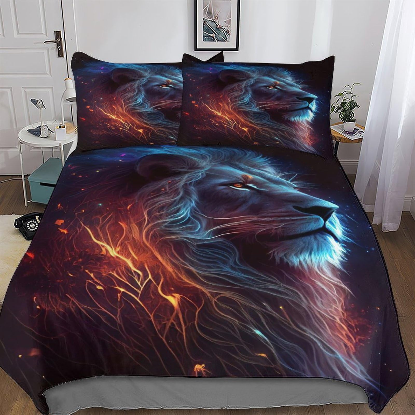 Parure de lit lion avec housse de couette 220x240 cm king size