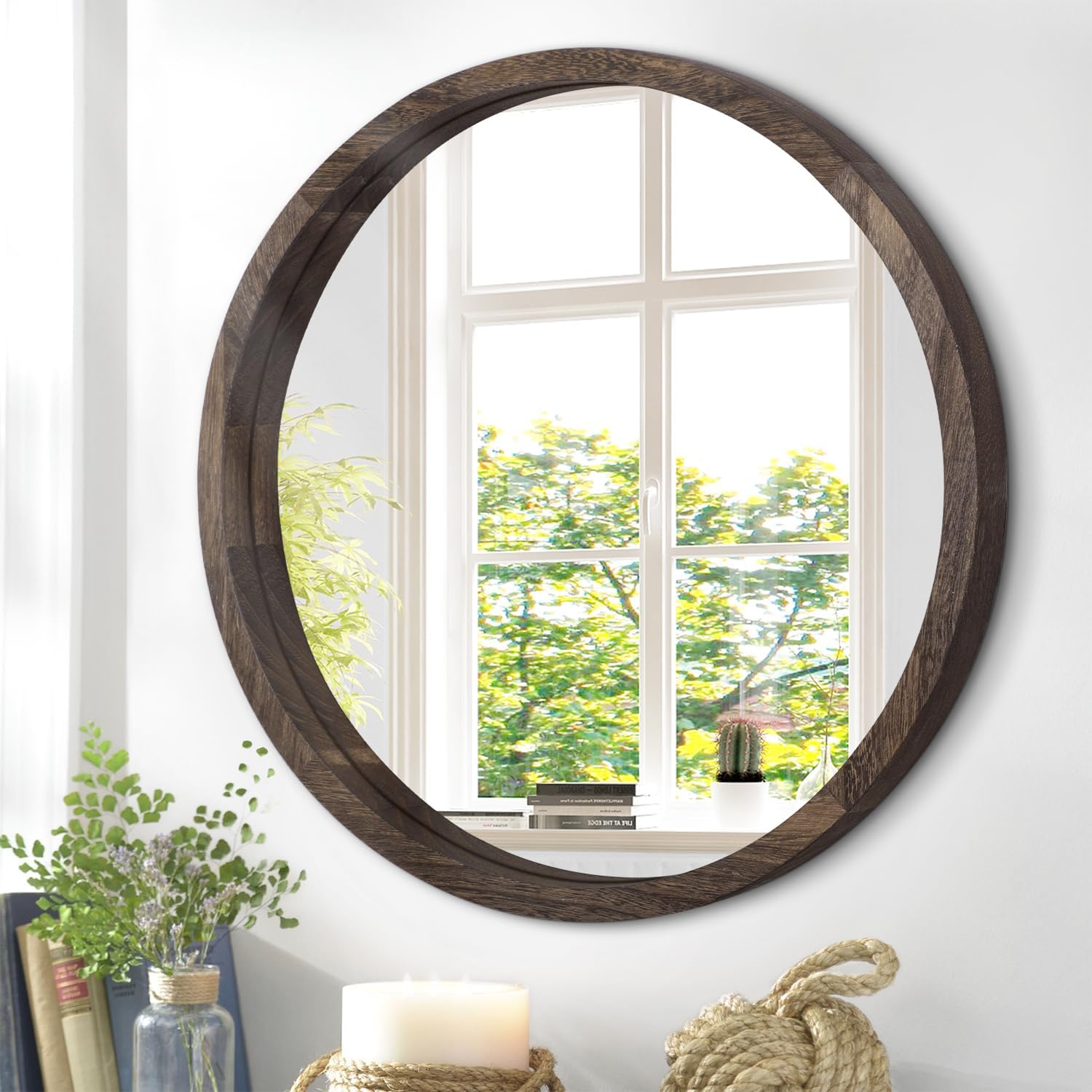 JJUUYOU Circular Wall Mirror Round Mirror for Bathroom, Dark Brown Vanity Mirror Small Decor Circle for Wall Wood Frame Make up Mirror for Farmhouse Living Room, Bedroom, Dorm Decorative1