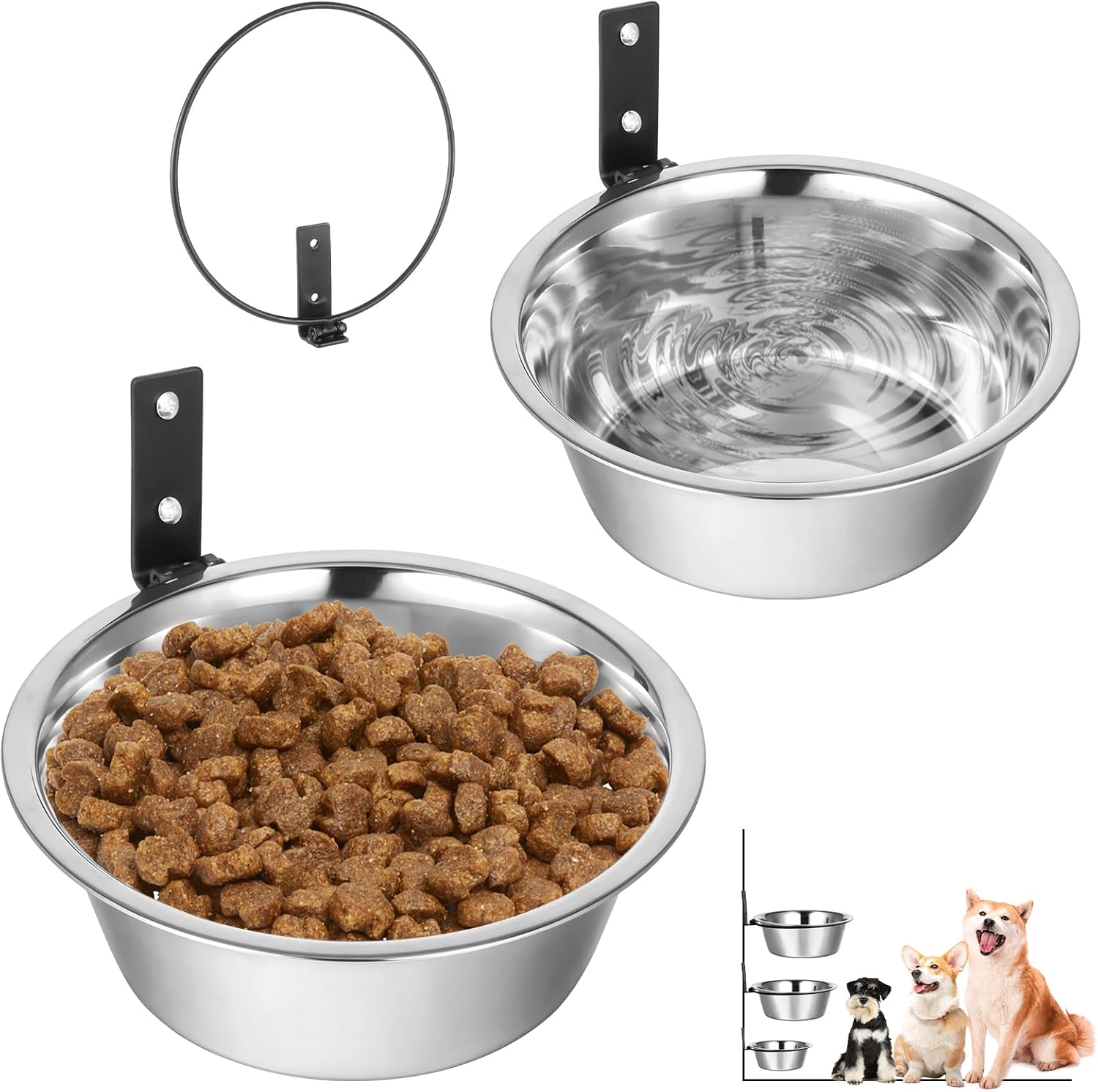 2 Pcs Wall Mounted Dog Bowl, Wall Mounted Pet Feeding Bowls, Elevated Pets Bowls, Adjustable Heights Hanging Stainless Steel Dog Food and Water Bowl with Collapsible Stand Holder