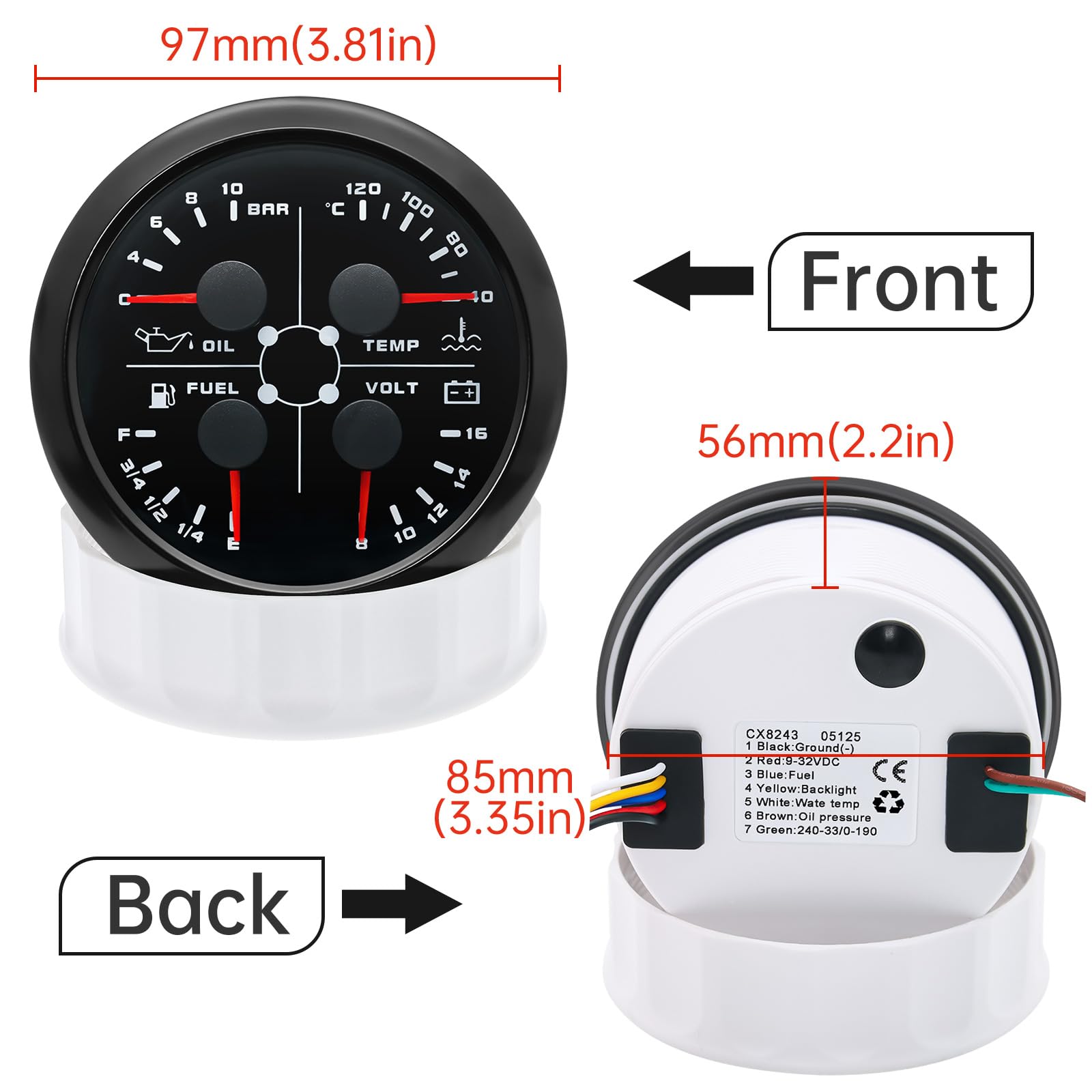 85mm 4in 1 Multifunktionales Messgerät, wasserdichter Kraftstoffstand Öldruck Wassertemperaturmesser für Auto Wohnmobil Boot Motorrad