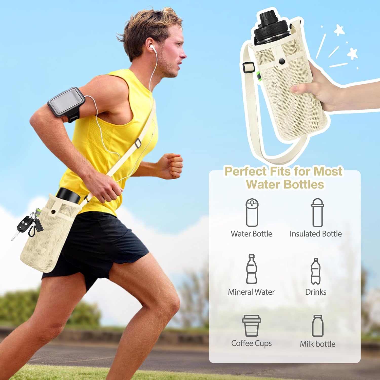 Large Water Bottle Bag with Strap, Big Mesh Water Bottle Holder Crossbody Water Sling Bag Shoulder Strap and Pocket - Lightweight Water Bottle Carrier for Walking Sports Hiking Camping (Beige) image 3