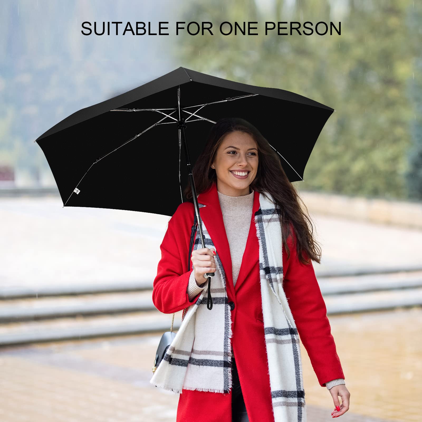 Paraguas de viaje compacto para bolso, mango plano, impermeable para lluvia ligera, 0,5 negro, 42 pulg., Compacto 3