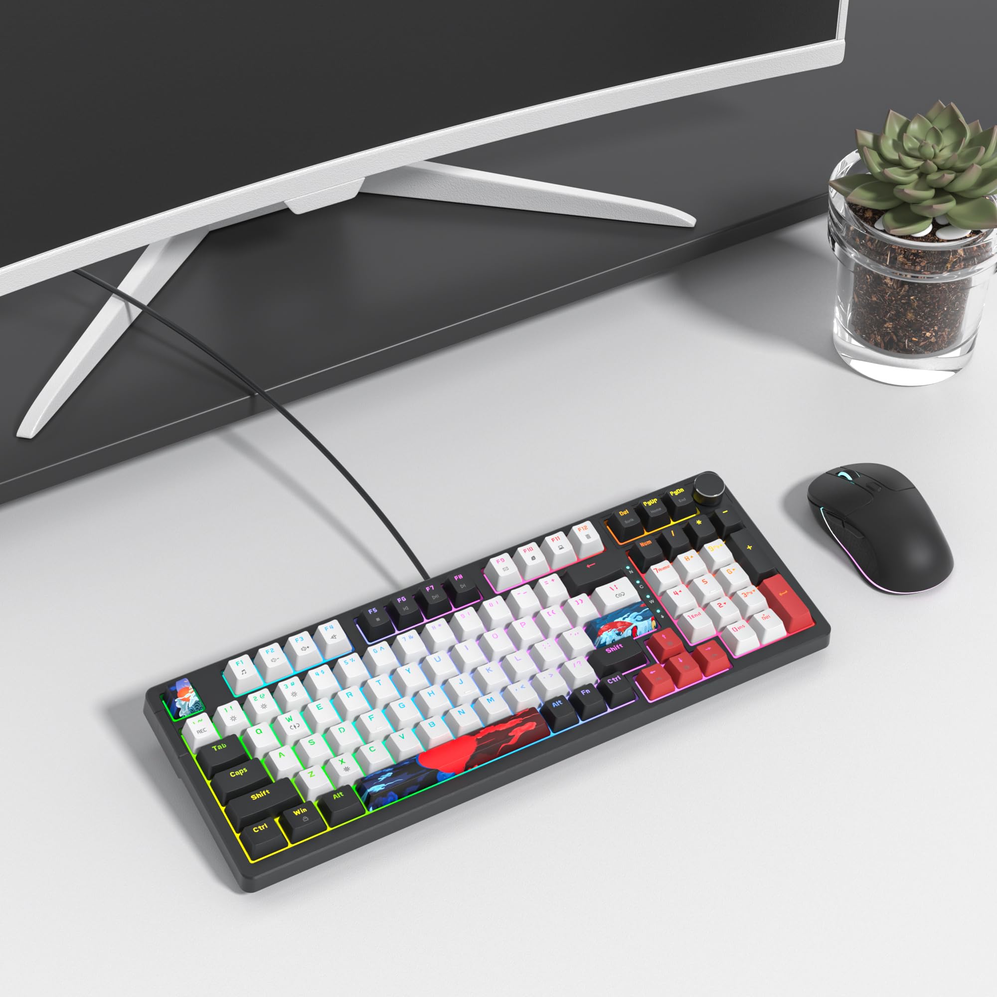 SOLIDEE Wired 95% Mechanical Gaming Keyboard,Klawiatura mechaniczna z podświetleniem RGB i Gasket Struktura,98 klawiszowa wymienna klawiatura mechaniczna z pokrętłem regulacyjnym(98 White)