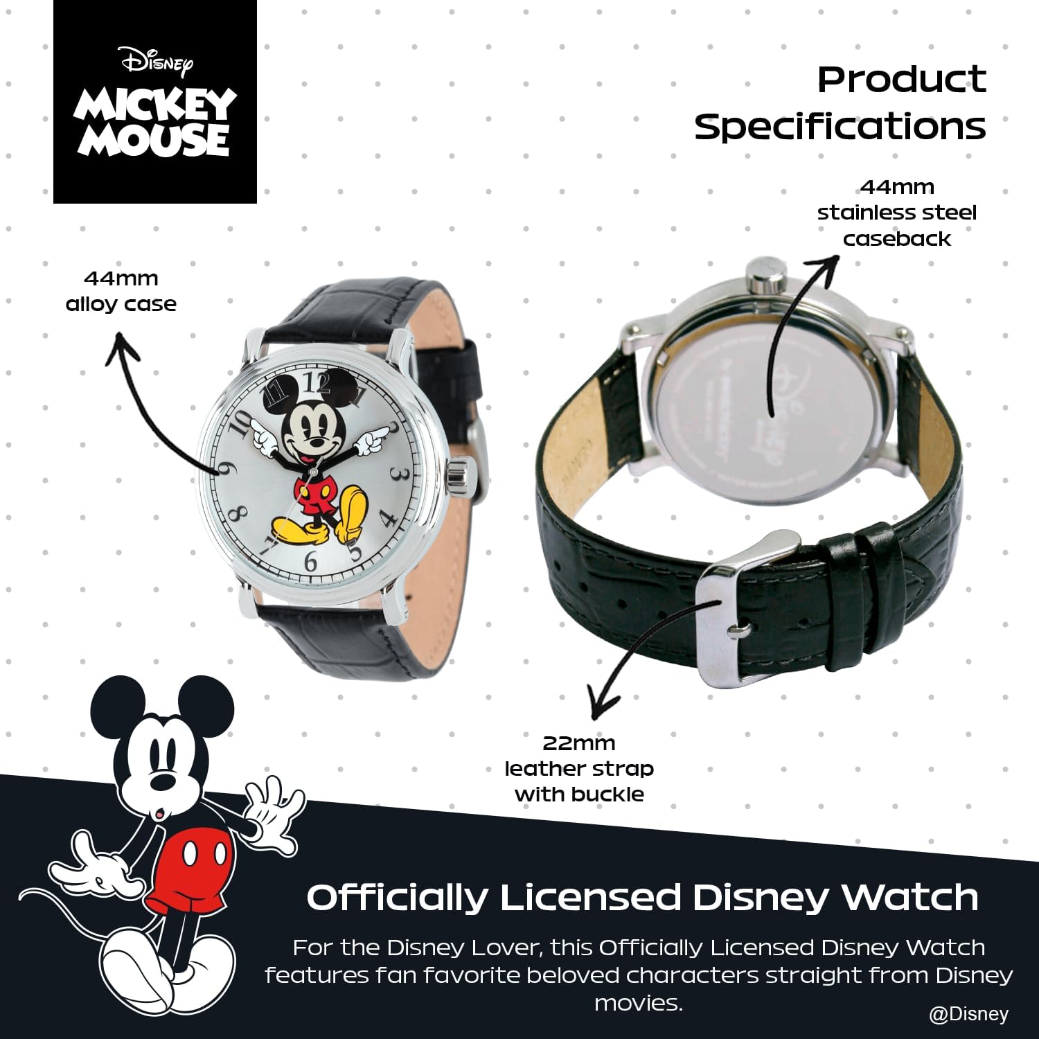 Disney Mickey Mouse Articulating Hands Watch for Men - Classic Mickey Watches for Men, Perfect Inspired Timepiece Him - Stylish Watch with White Dial, Silver Case, Black Leather Strap