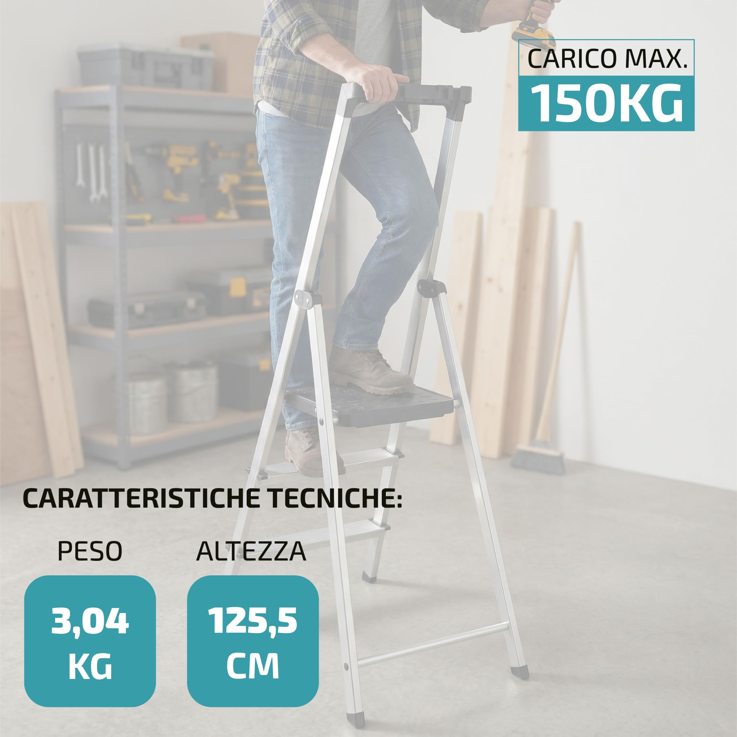 Scala Pieghevole in Alluminio a 3 Gradini con Portaoggetti Integrato || EN-131 || Portata 150kg || Scaletta Domestica Antiscivolo, Stabile e Leggera, con Vassoio Portautensili per Casa e Fai da Te