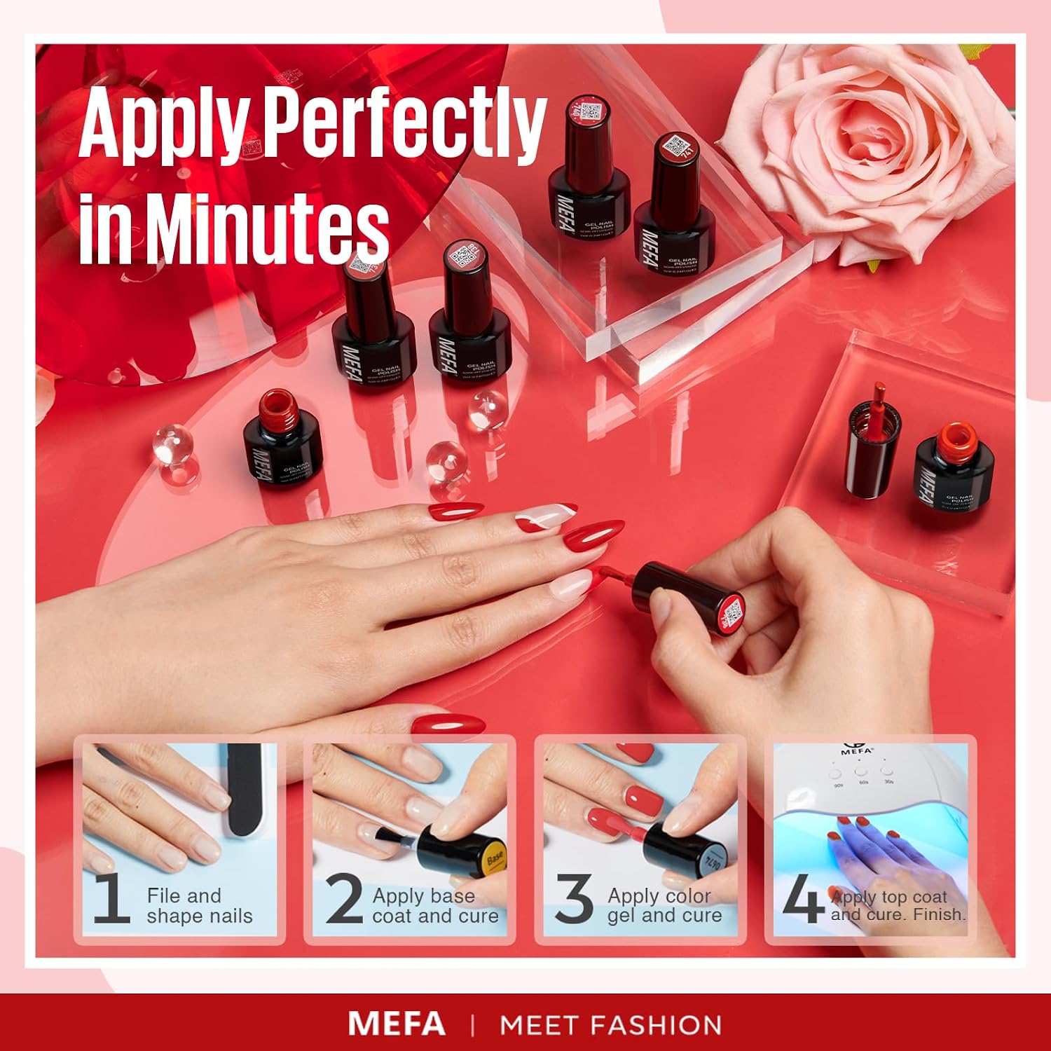 MEFA Red Gel Nail Polish Set, 6 Colors Gel Polish Kit Popular Red Burgundy Glitter Nail Polish Soak Off Rose Dark Red Shimmer Nail Art Design DIY Home Salon Manicure Gifts for Women Girls