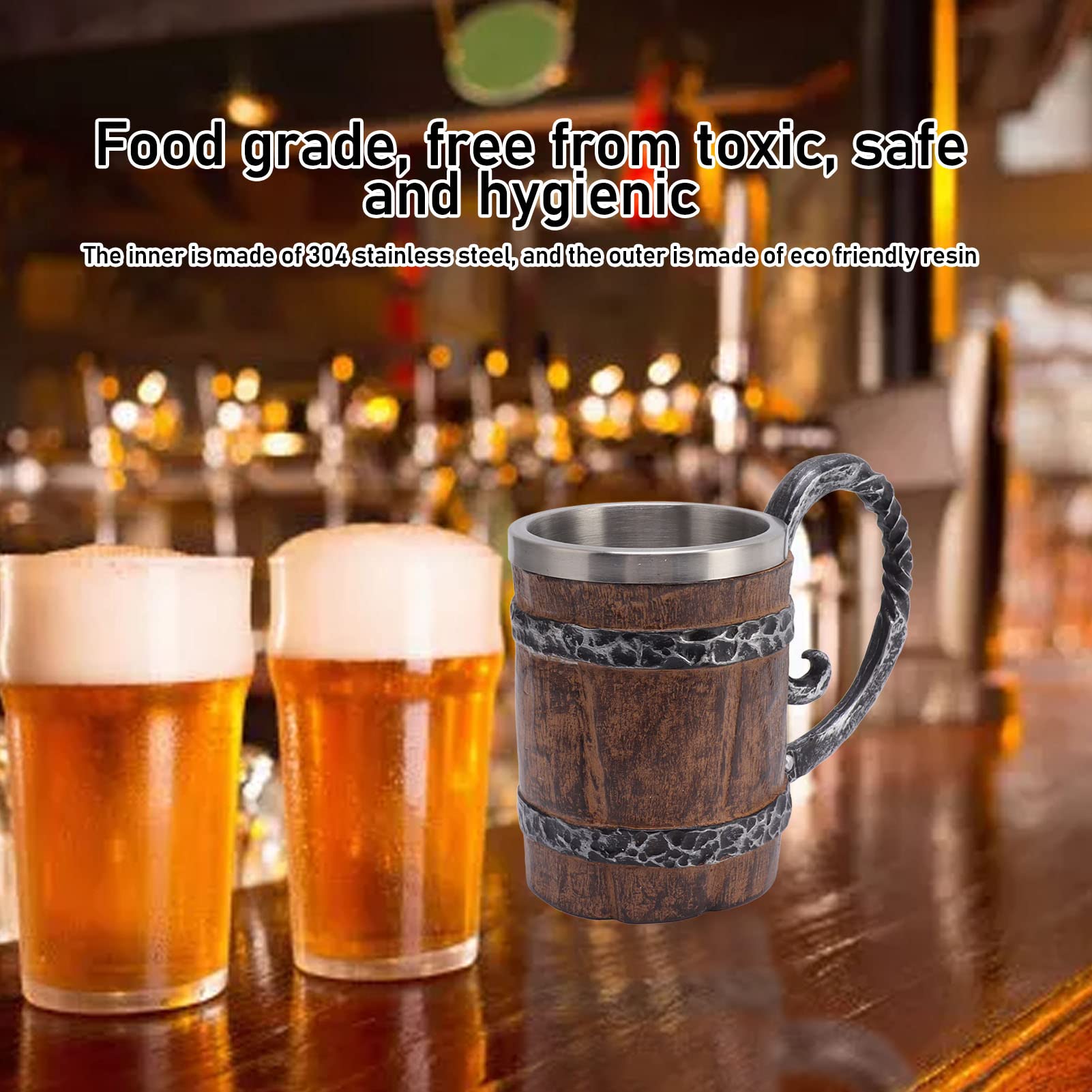 Srliya Chope à Bière Viking en Résine de Style Médiéval, Chope en Bois pour Bar, Restaurant, Décoration D'intérieur, Acier Inoxydable 304, Double Paroi pour Boissons Chaudes et Froides, 4,9 X 3,7