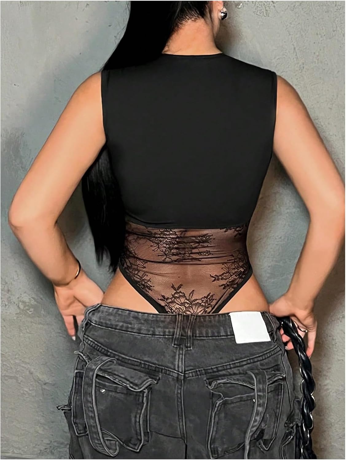 SOLY HUX Women's Lace Sheer Bodysuit Sleeveless Crew Neck Summer Going Out Tank Tops Party Club Outfits
