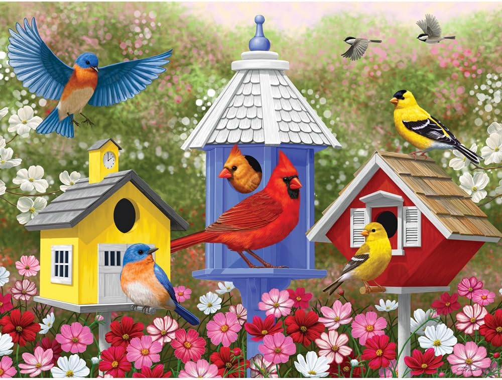 Bits and Pieces - 300 Large Piece Jigsaw Puzzle for Adults - Primary Colors - 300 pc Birds, Flowers, and Birdhouses Jigsaw by Artist Crista Forest