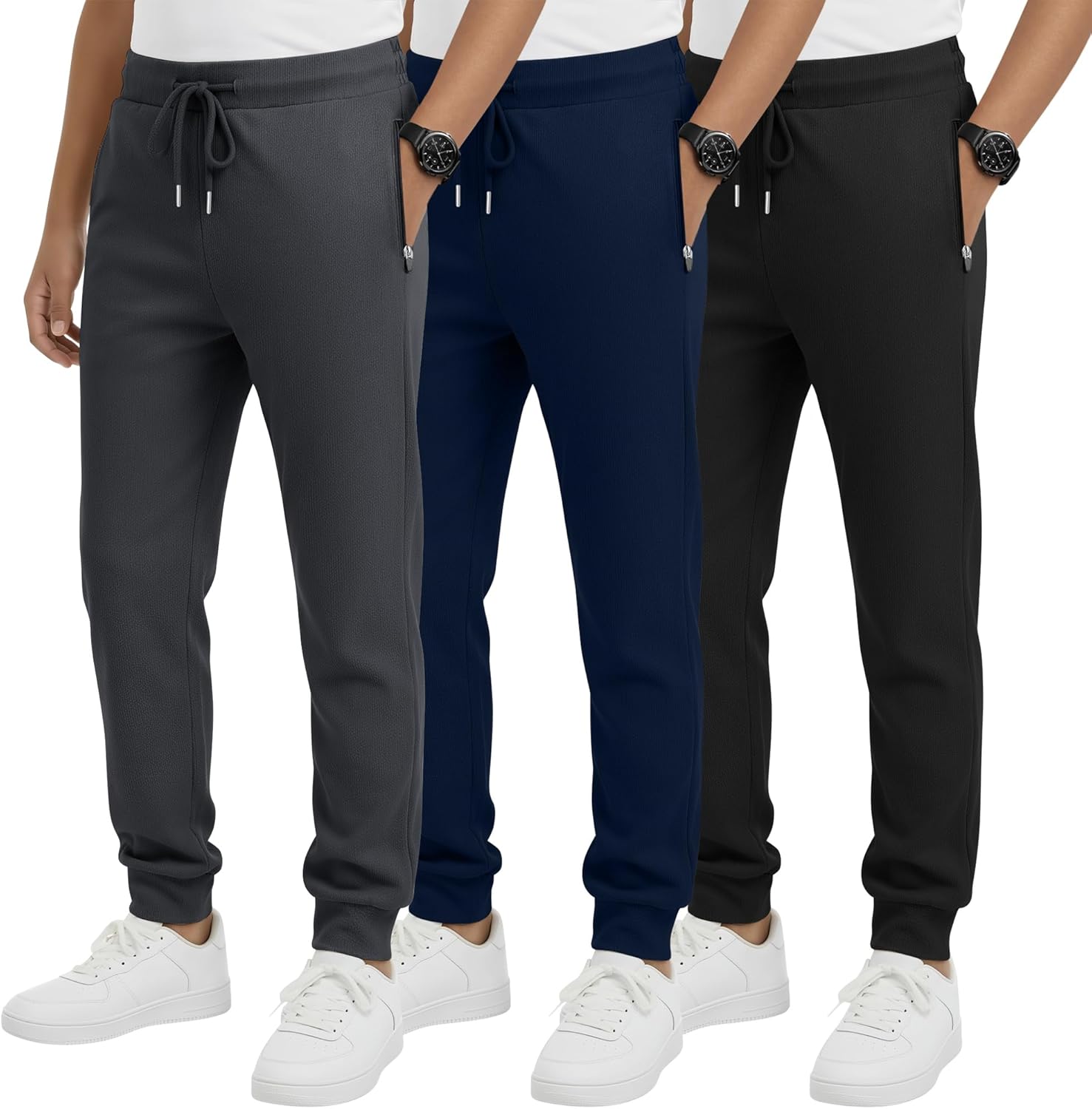 3 Pack Boys' Sweatpants Drawstring Athletic Workout Jogger Kids Youth Elastic Waist Active Pants with Zipper Pocket