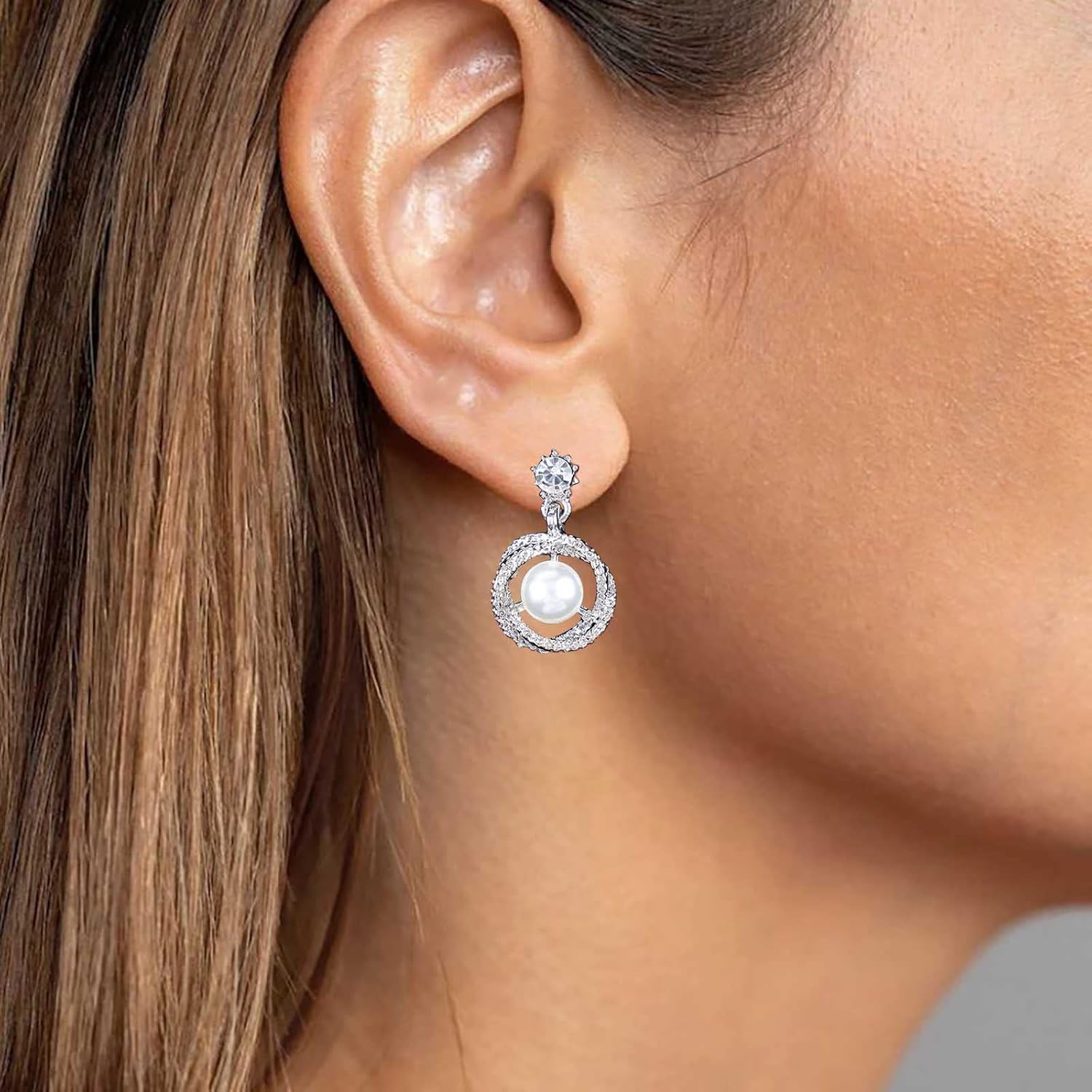 Vintage Circle Pearl Drop Earrings Silver Crystal Stud Earrings Hollow Circle Dangle Earrings Eternity Pearl Earrings Pearl Cz Wedding Earrings Jewelry for Women - Image 3