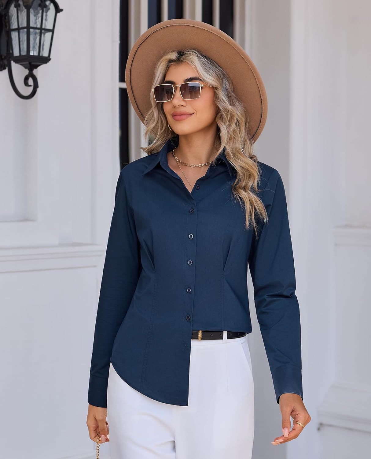Womens Button Down Shirt Long Sleeve V Neck Classic Collared Button Up Shirt Women Work Business Formal Casual - Image 2