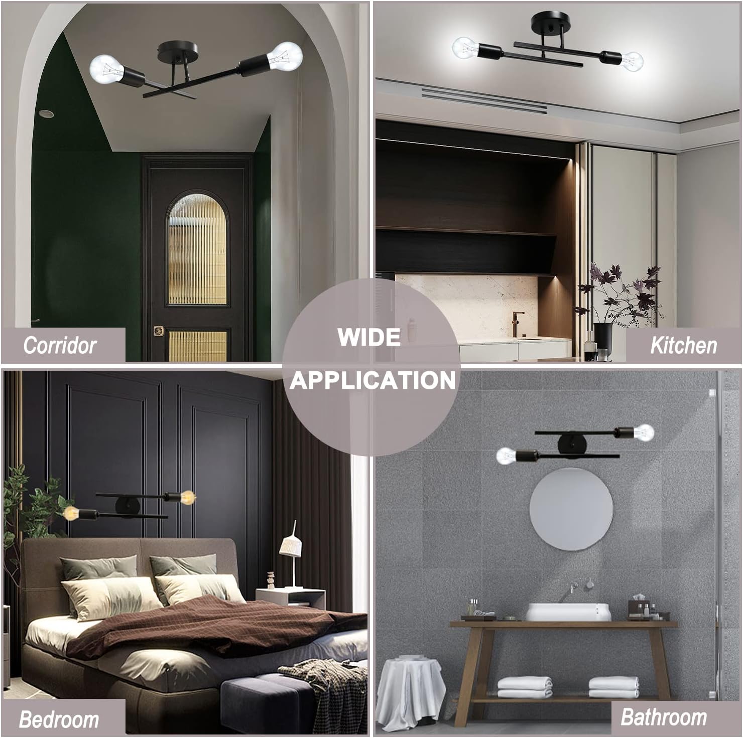 Industrial Semi Flush Mount Ceiling Light, 2-Light Modern Light Fixture, Mid-Century Close to Ceiling Light, E27 Sputnik Flush Chandelier for Bedroom Kitchen Hallway Entryway