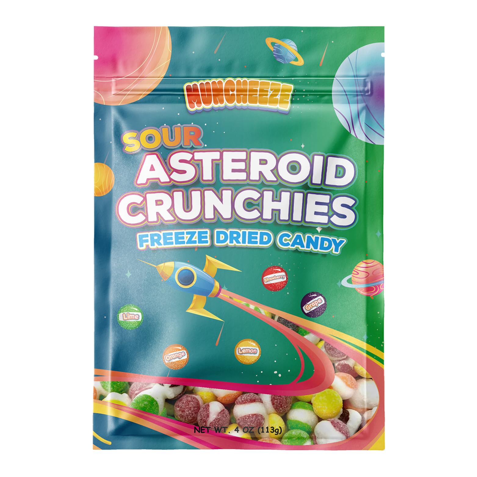 Freeze Dried Candy - Muncheeze Gourmet Sour Freeze Dried Asteroid Crunchies (4 oz), Assorted Fruity Flavors (Sour Rainbow)