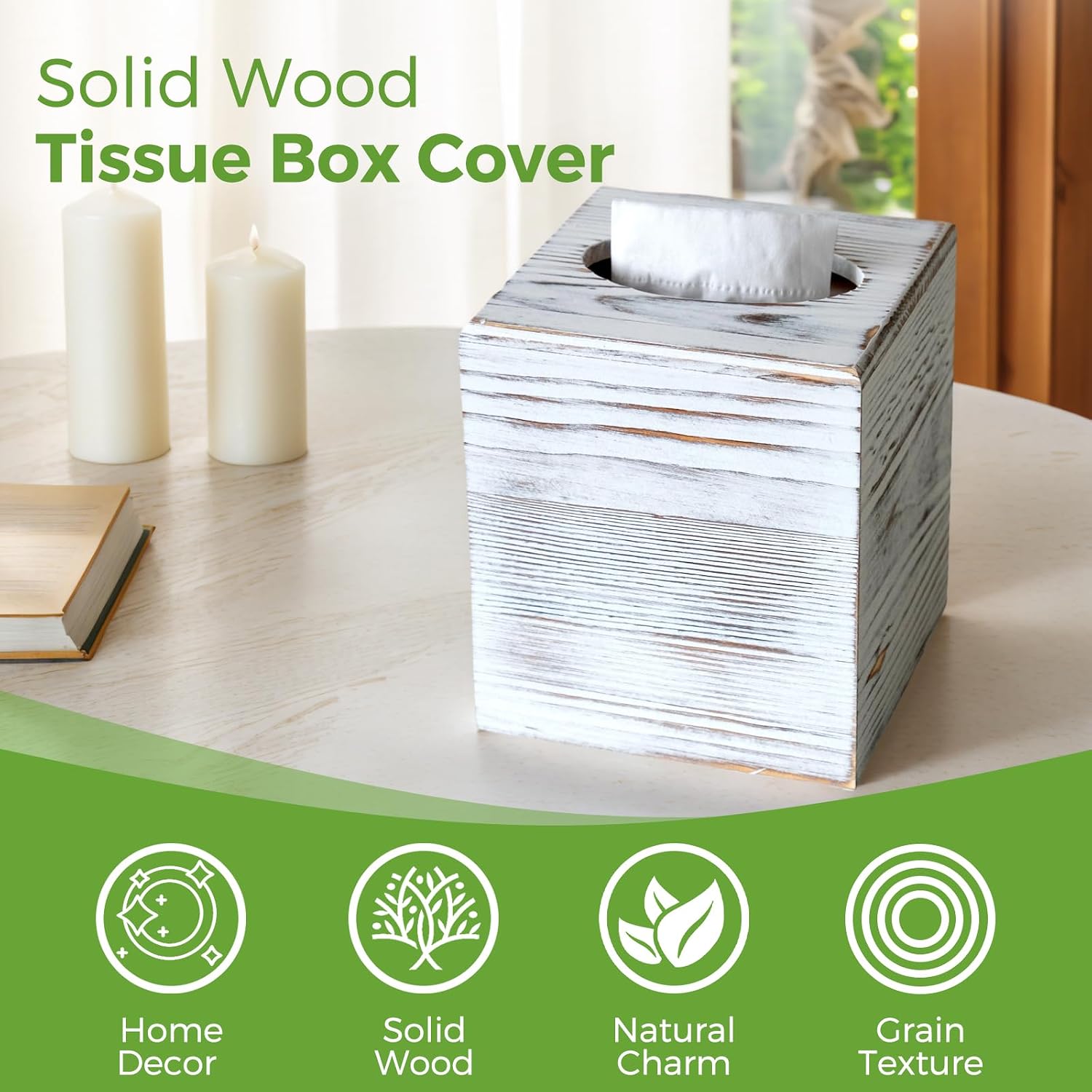 White Wood Tissue Box Cover, Square Wooden Tissue Box Holder for Bathroom image 3