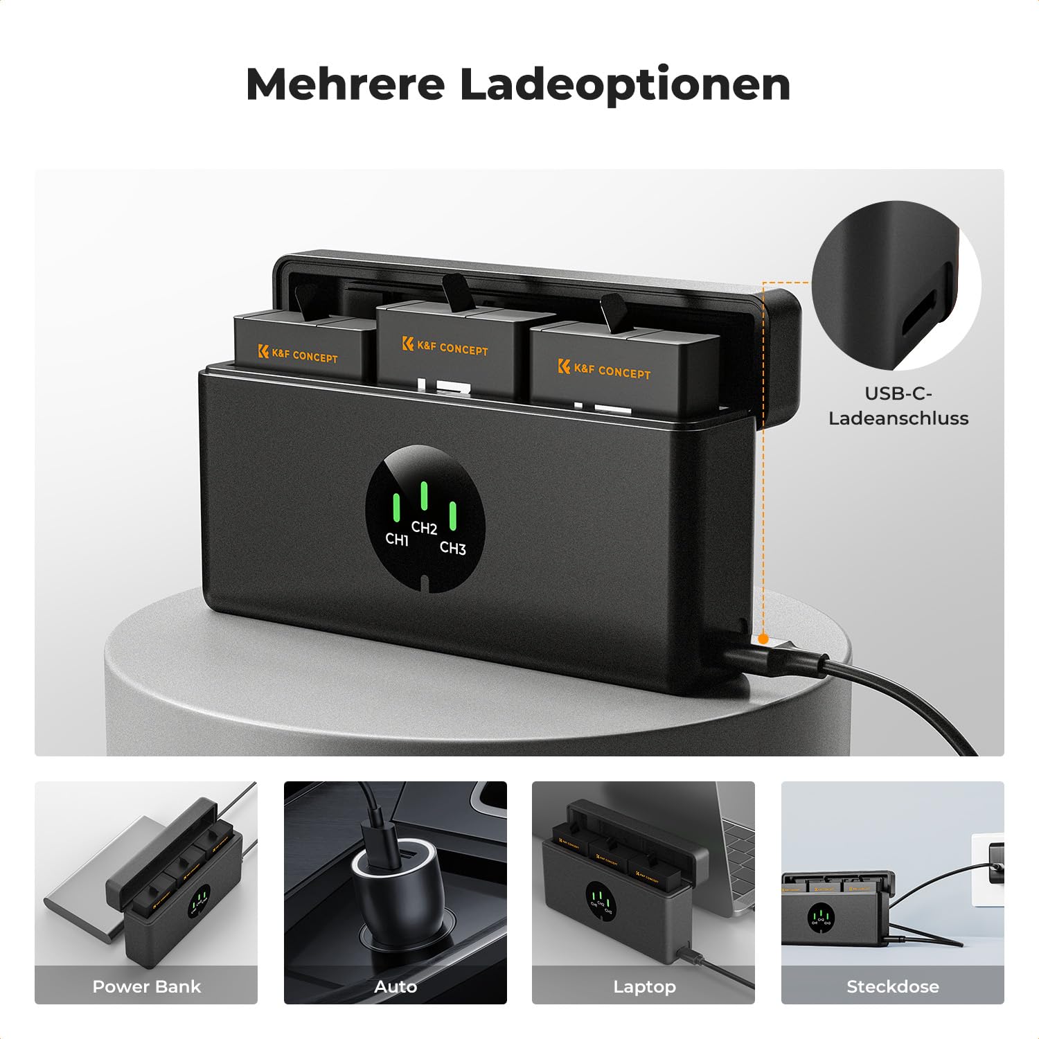 K&F CONCEPT Hero 13 Kamera Akku 2100mAh, Dreifach-Power, Dreifach-Slot mit Organizer Typ LED-Ladegerät-Kit kompatibel mit GoPro13 Black