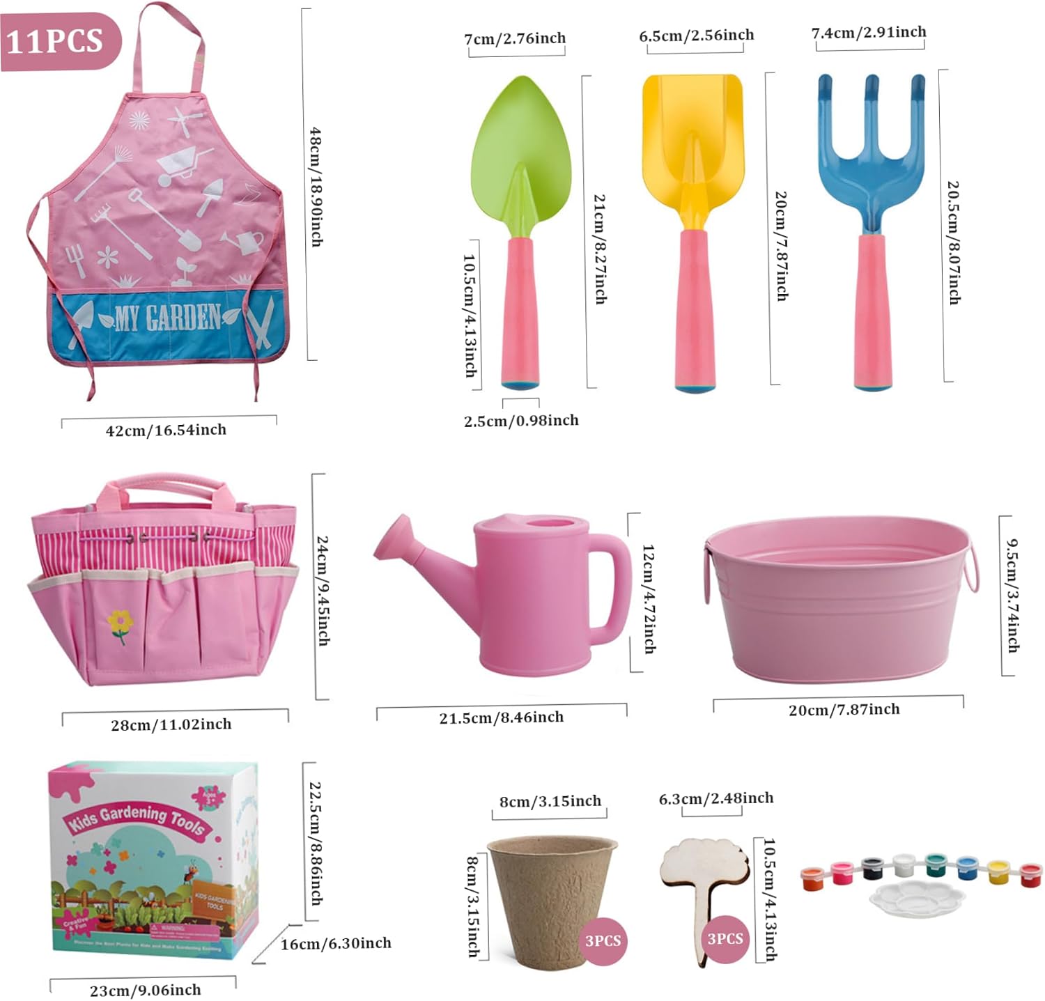 Kids Gardening Set, 11PCS Toddler Gardening Set Include Shovel, Rake, Fork, Flower Pot, Apron, Watering Can ＆ Tote Bag, Colorful for Kids...