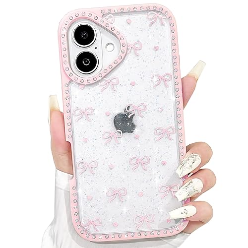 NITITOP Compatible with iPhone 16 Case Cute Bow Love Heart Bling Glitter for Women Girls Diamond Frame Sparkly Hard PC Back Shockproof Protective Phone Cover - Pink - Pink - iPhone 16