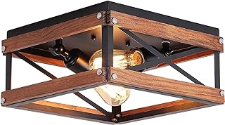 Best Rustic Farmhouse Flush Mount Light Fixture Two-Light Metal and Wood Square Flush Mount Ceiling Light for Hallway Bedroom Kitchen Entryway, Black Review 