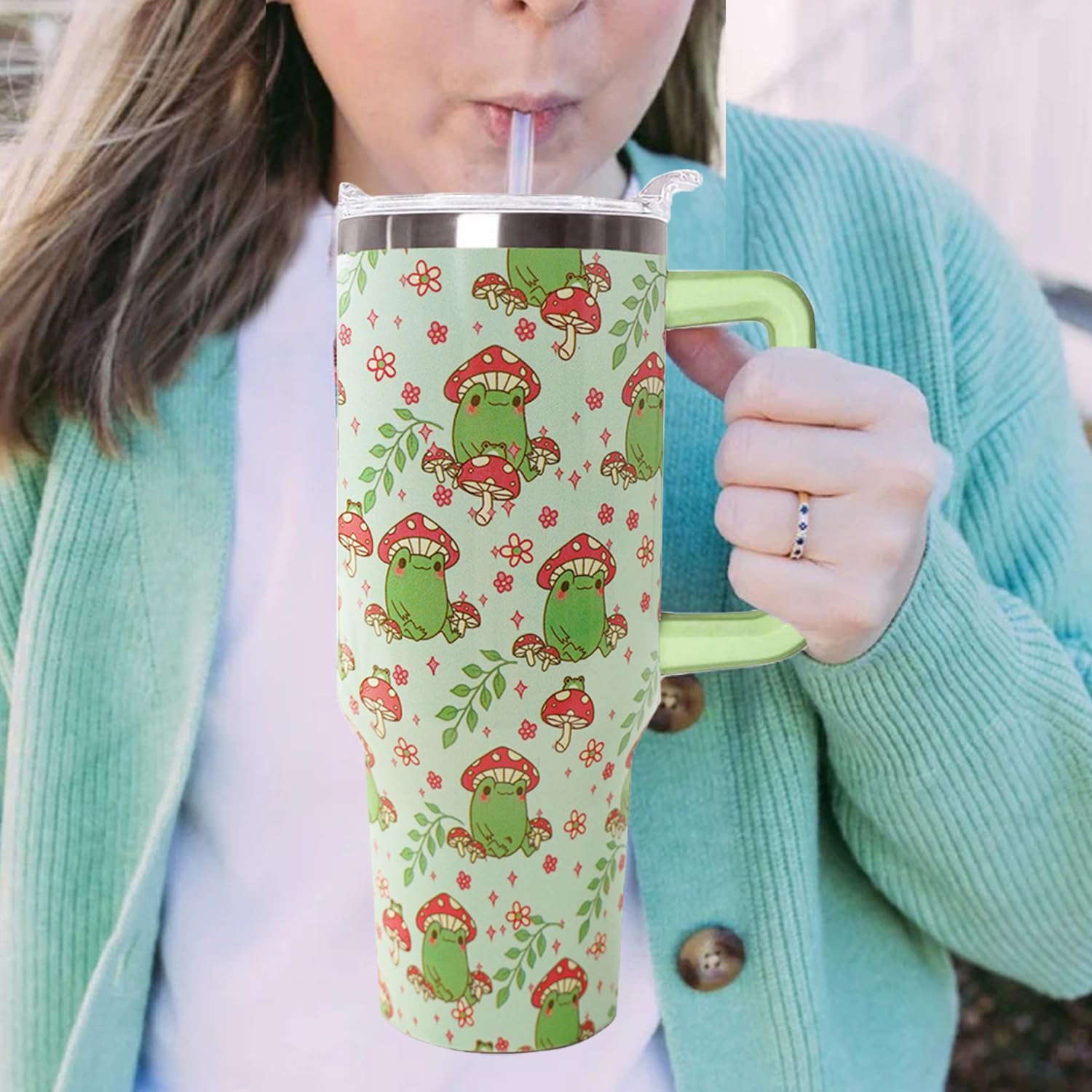 Ceovfoi 40 Oz Frog Tumbler With Handle, Green Coffee Travel Mug Cup and Water Bottle, Decor and Gifts for Women - Image 4