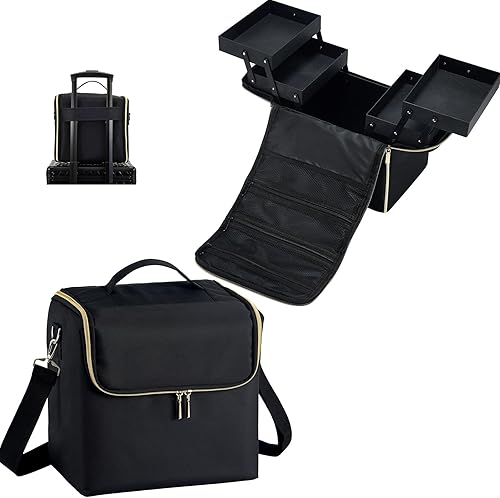 Stagiant Caja de maquillaje suave con bolsillos de paleta, caja de viaje artístico, kit de uñas con correa de transporte, cremallera de oro rosa,