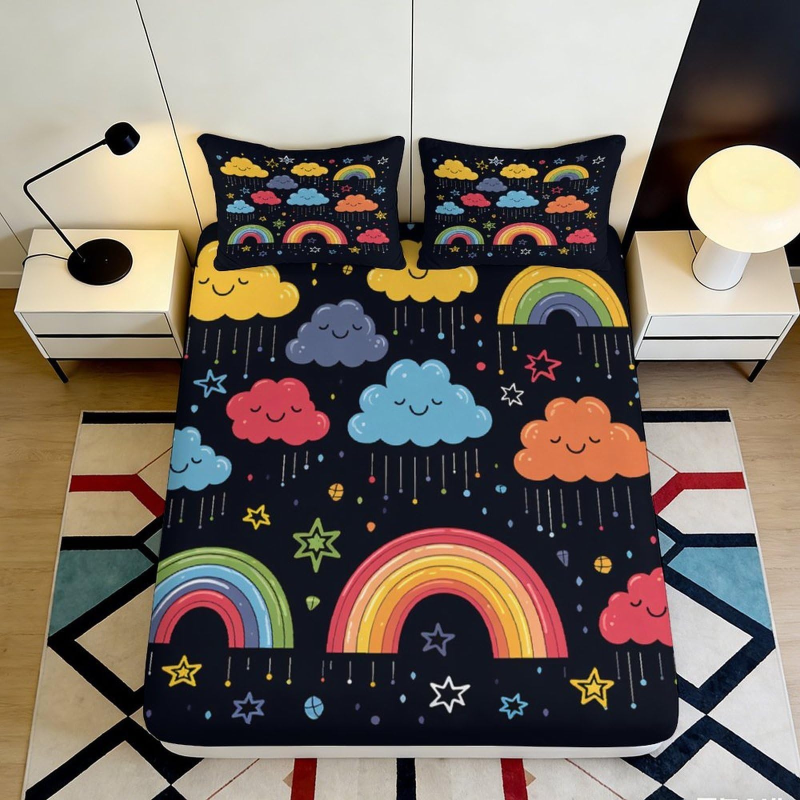 3D Printed Rainbow Cloud Fitted Sheet Microfiber Soft Vibrant Star Mattress Cover for Bedroom Guest Room Decor 90x200x25cm
