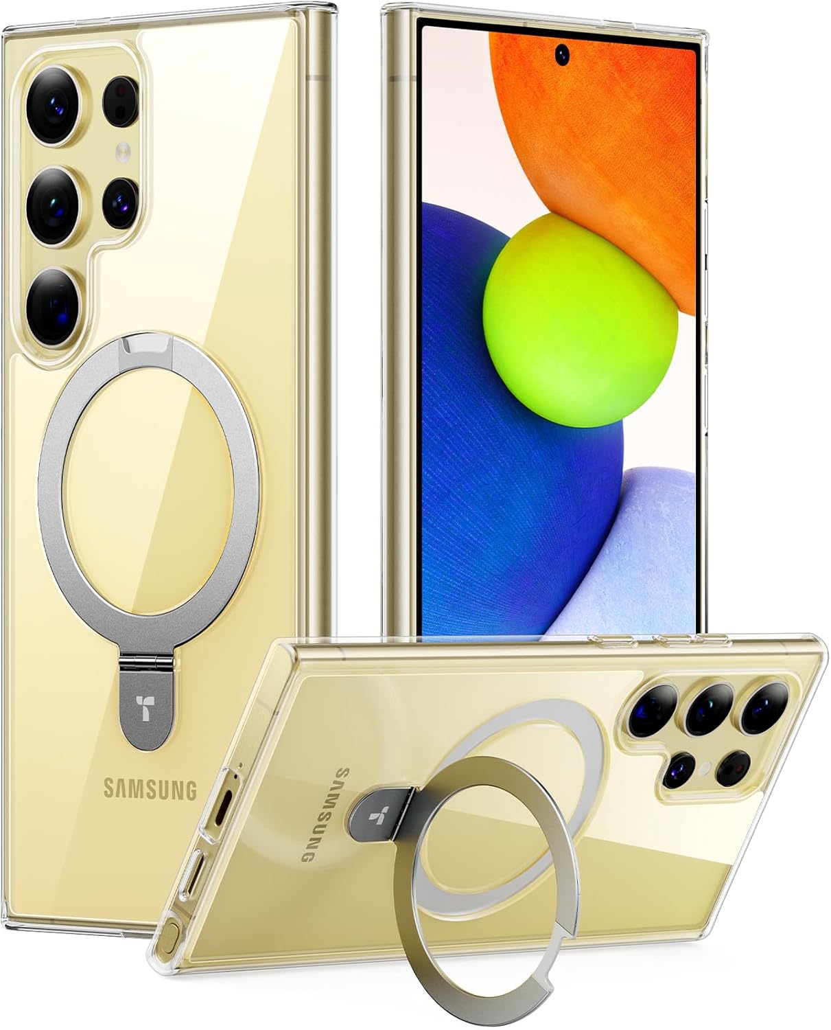TORRAS Magnetic Ostand Ring Case Designed for Samsung Galaxy S24 Ultra Case [Fit for MagSafe & Wireless Charging] [Military Grade Drop Tested] Transparent Hard Back Soft Edge, Clear Diamond