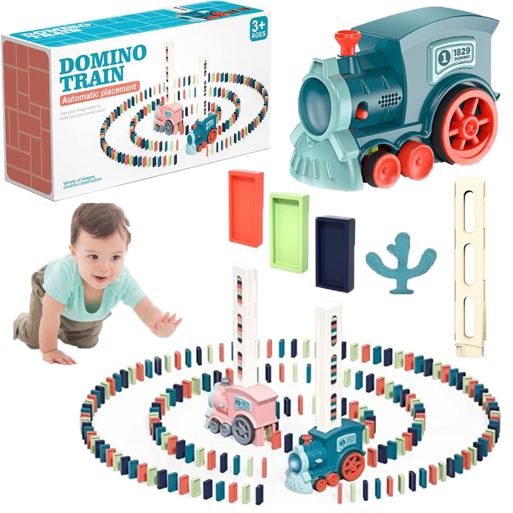 Wxgreats Dominoes Automatic Domino Train - 2022 Best Dominoes Train, Domino Train Blocks Set Building and Stacking Toy, Mexican Train Dominoes Set for Kids (Blue, 60 Pcs Dominoes)