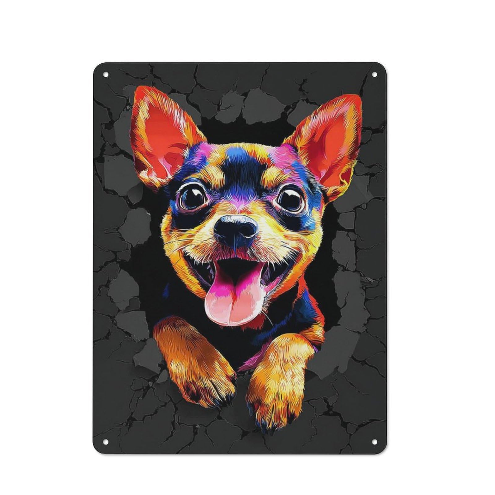 Junmoney Colorful Chihuahua Breakthrough Artwork Warehouse Style Metal Wall Decor 40X30cm, Industrial Metal Sign For Workspace, Cafe, Hallway Or Garage