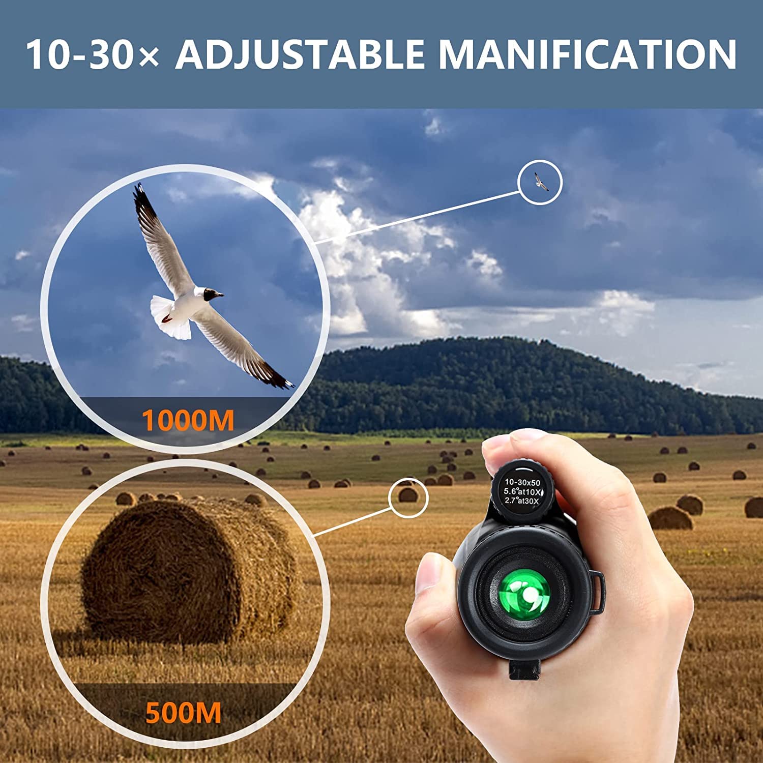 Télescope Monoculaire,Monoculaire 10-30X50 Zoom HD,Télescope Monoculaire à Prisme FMC BAK4 Haute Puissance avec Adaptateur de Téléphone à Bandoulière pour Observation des Oiseaux Chasse Camping