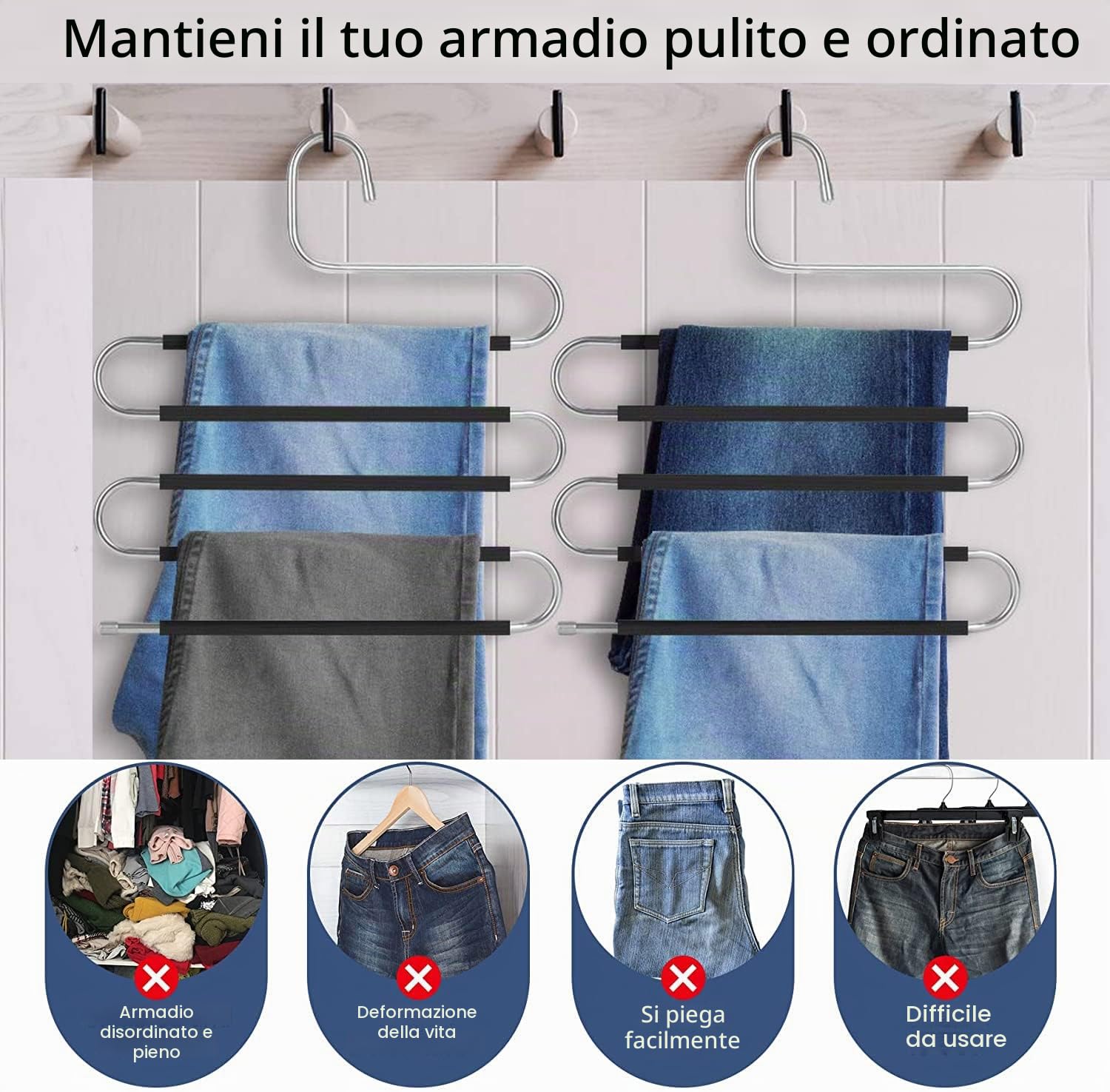 10 grucce salvaspazio per pantalone, in acciaio inox, antiscivolo, tipo S, per vestiti, armadi, organizer per sciarpe, jeans, asciugamani, leggings