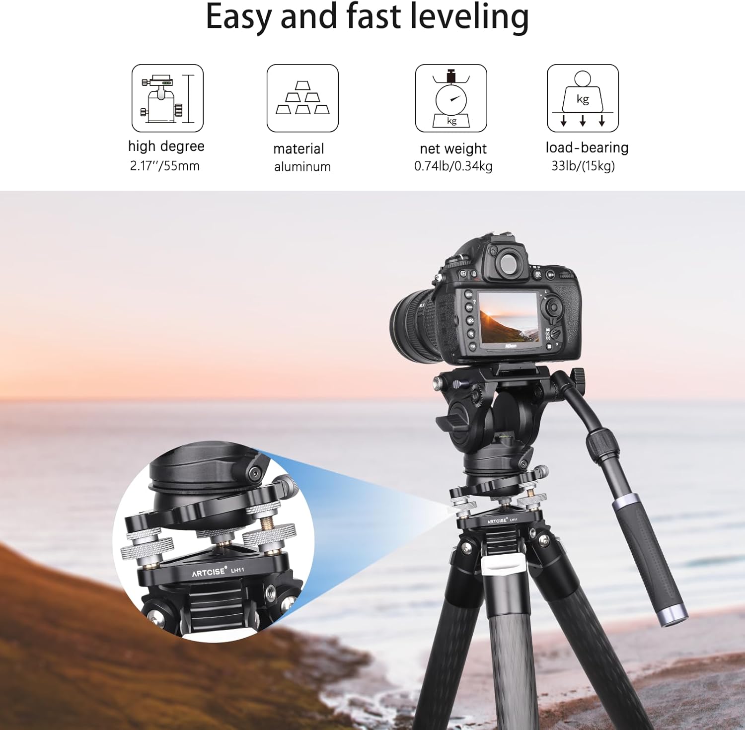 Diameter∅85mm Three-Legged Leveling Base Camera Leveling Machine,Aluminum Adjustable Tripod Head Plate -15°/+15° Tilt, with 3 Bubble Levels and 3 Wheels +/-5 Degree Precision Adjustment Panoramic