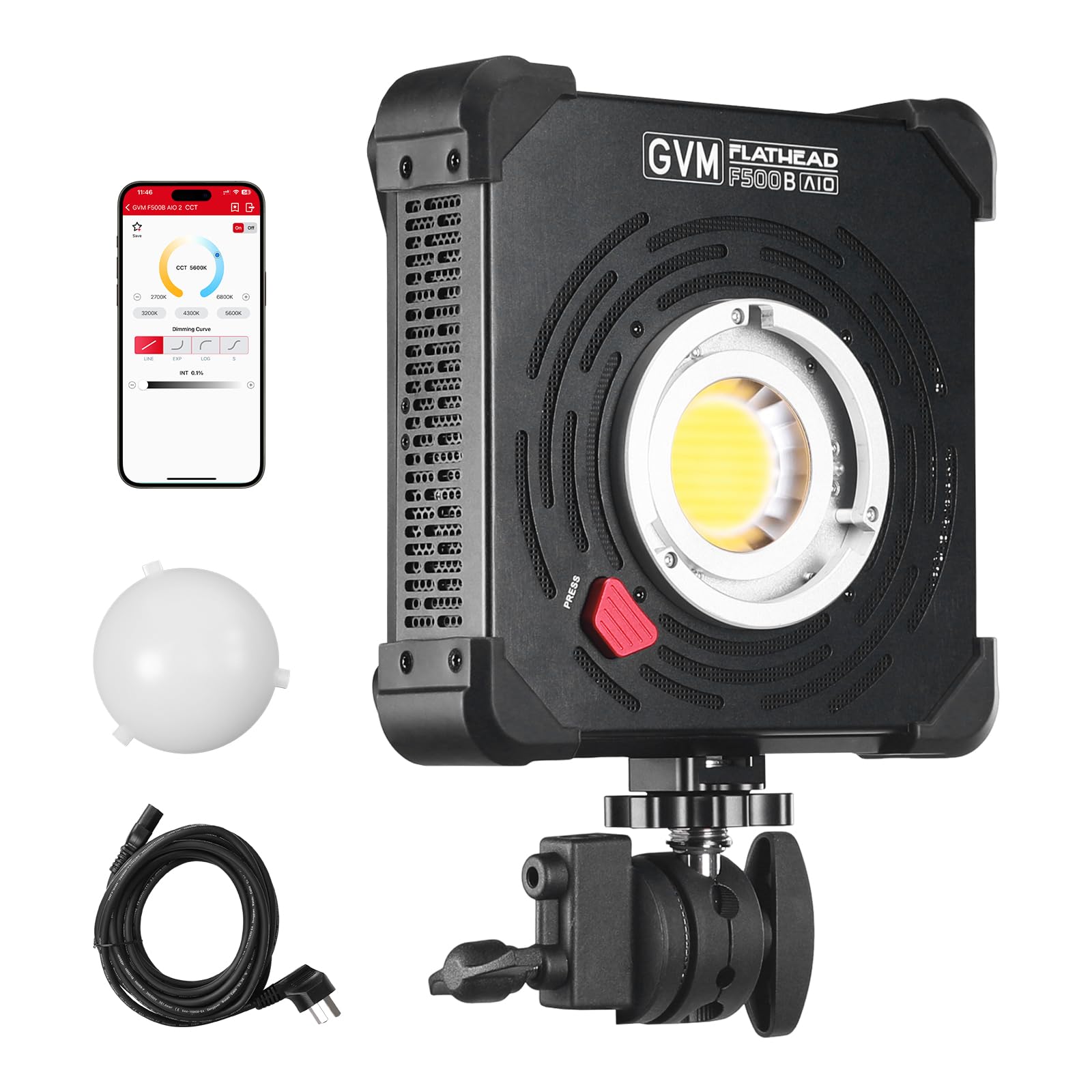 GVM F500B AIO - Luz de video LED bicolor de 500 W, luz de estudio COB con control APP/DMX, montaje Bowens, 2700K-6800K 26000lux/1m CRI97+, iluminación de salida continua para fotografía y producción