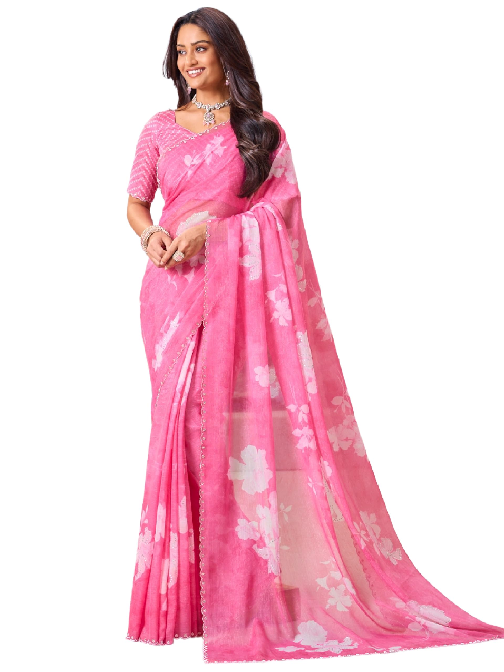 laxmipati sarees Laxmipati Nazar Pink Chiffon Floral Print Printed Saree-picture-19