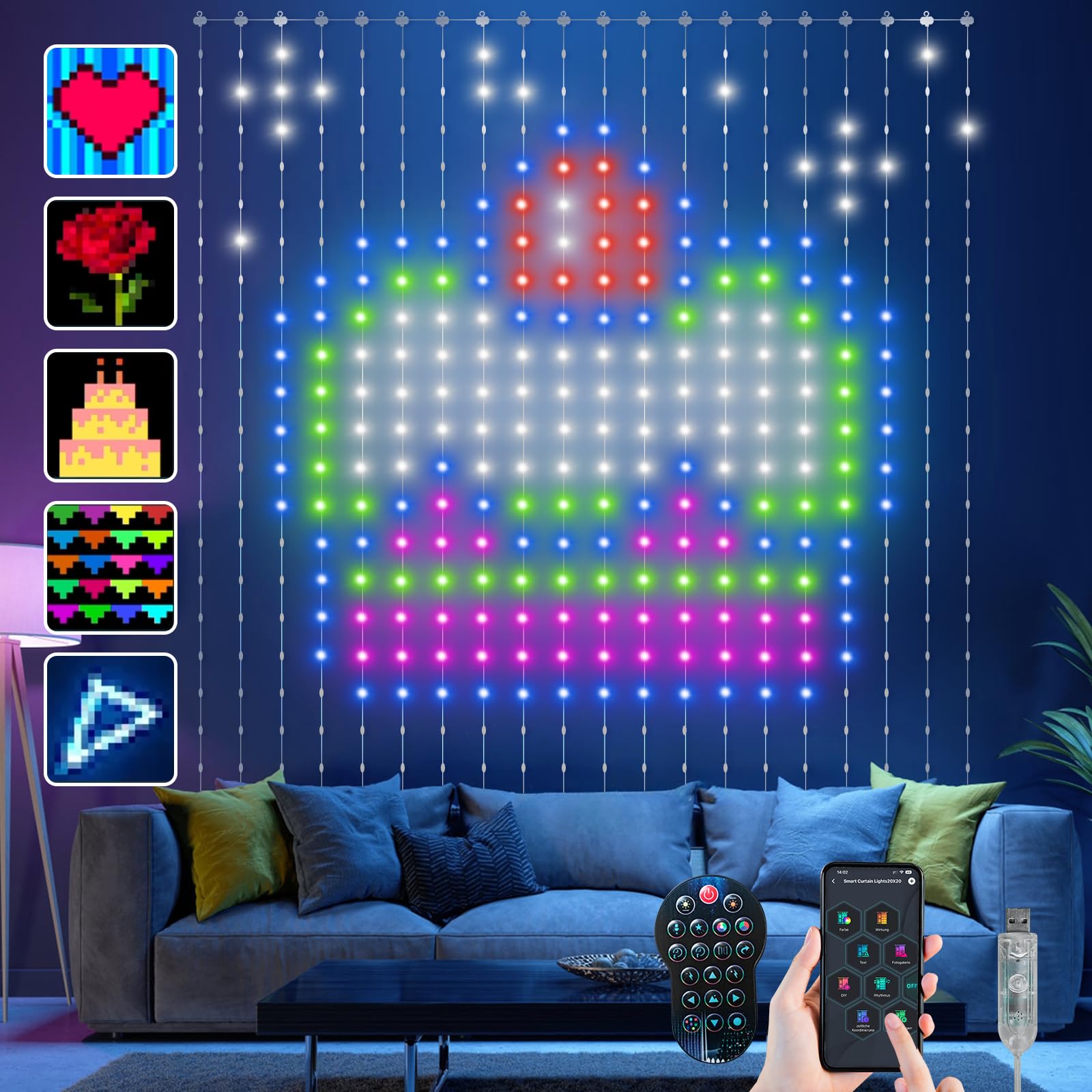 Ciskotu Curtain Lights, 86+ modes LED Rideau Lumineux intelligents, motif dynamique avec 400 LEDs, étanche IP65, Bande LED pour Chambre Coucher, décoration de Noël (2 x 2 m)