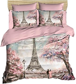 Paris Bedding Set, 3D Printed Eiffel Tower Themed 100% Cotton Duvet Cover Set, Special Design, Full/Queen Size, 4 Pcs