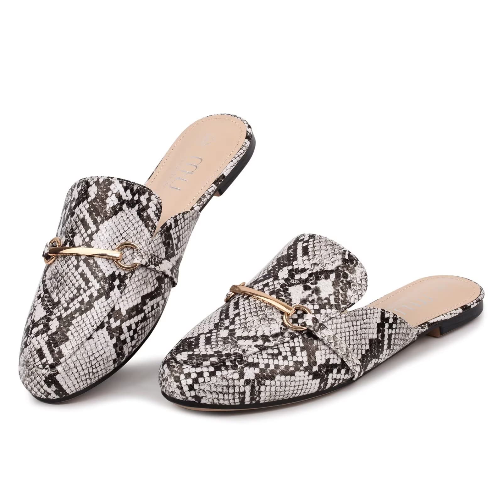 MUSSHOEMules for Woman Buckle Flats Comfortable Slip on Women Mules Flats Shoes Backless Loafers